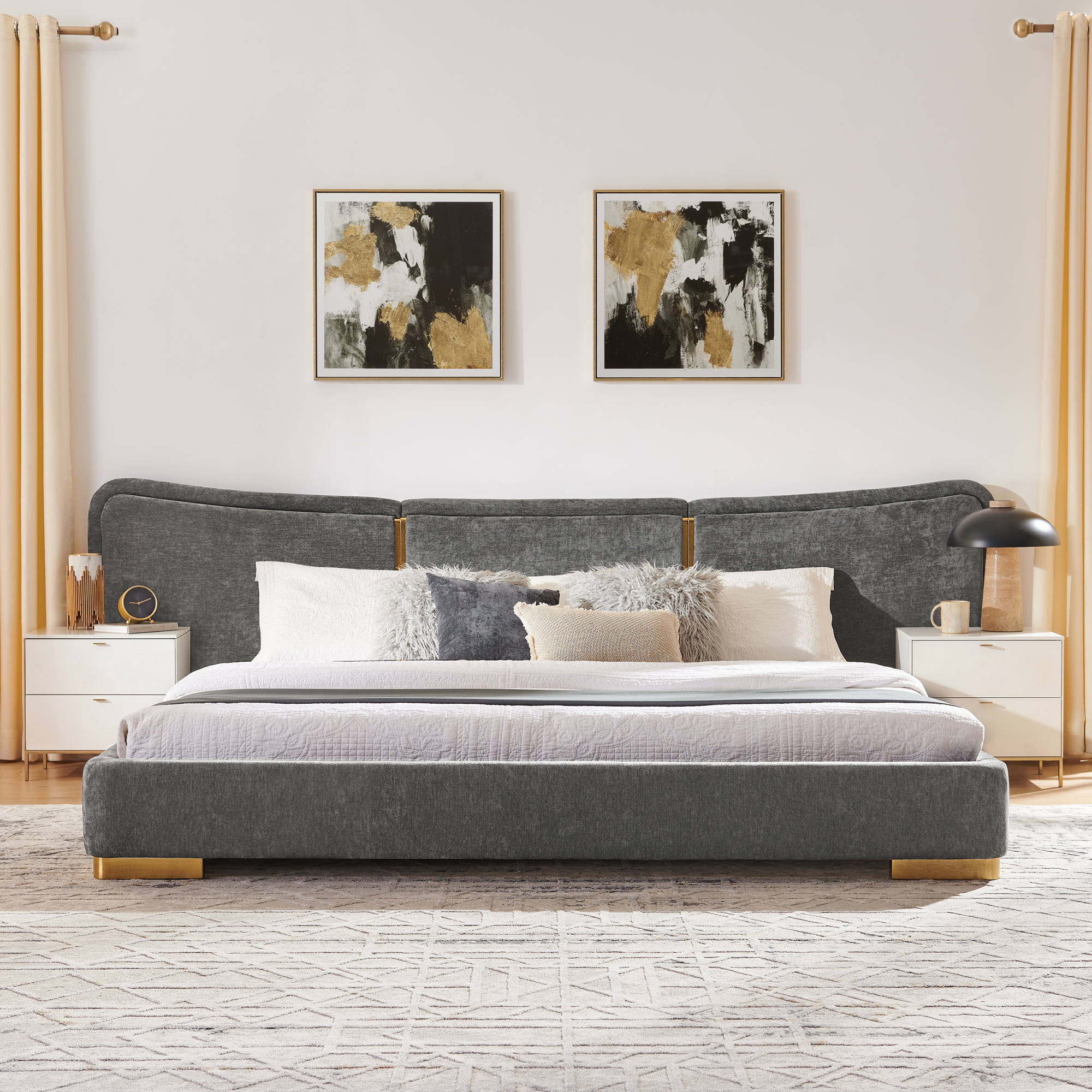 King Size Extra Large Platform Bed, Soft Chenille Fabric Frame, Curved Headboard, Reinforced Electroplated Metal Legs, Flexible DIY Side Space Design-Dark Gray - Image 5