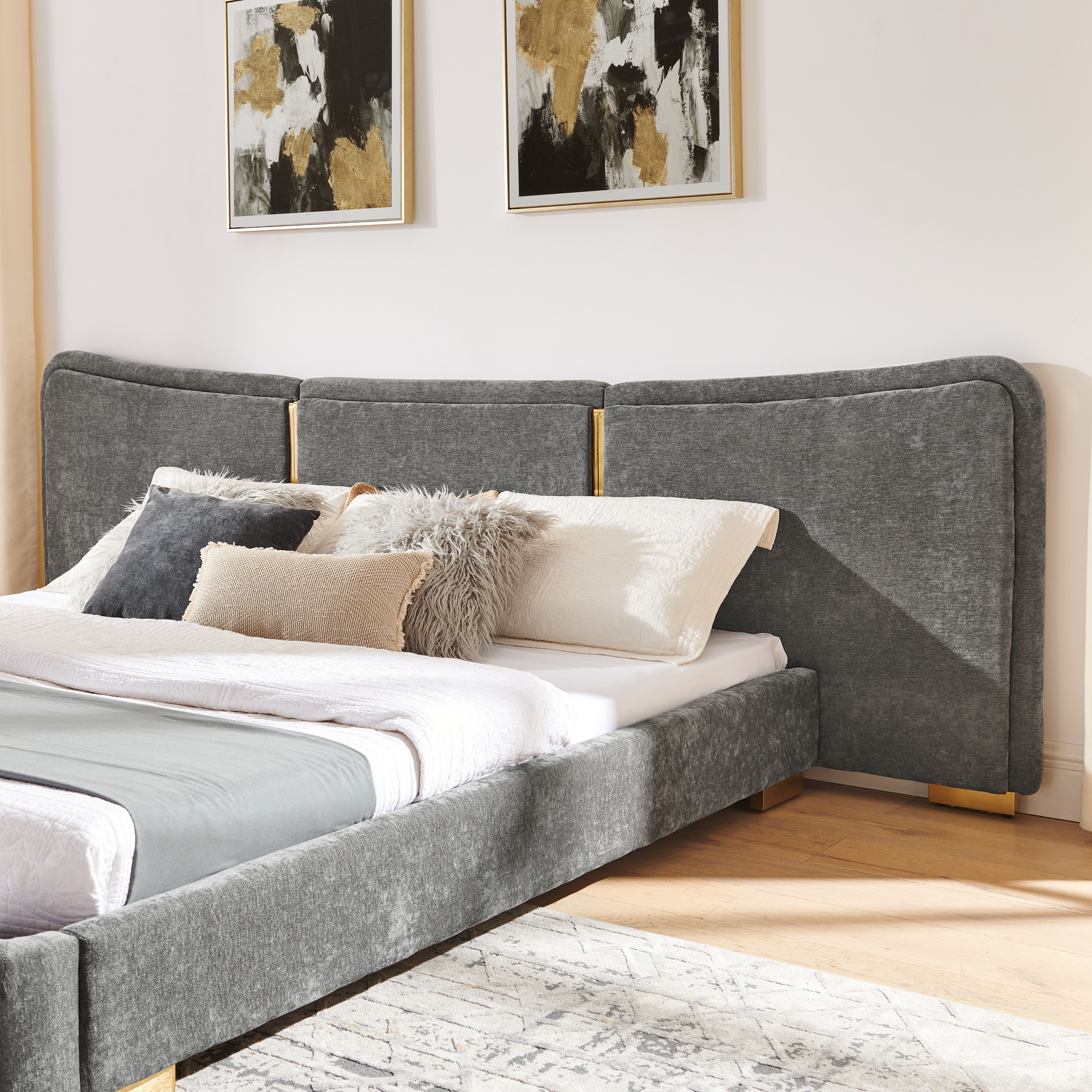 King Size Extra Large Platform Bed, Soft Chenille Fabric Frame, Curved Headboard, Reinforced Electroplated Metal Legs, Flexible DIY Side Space Design-Dark Gray - Image 6