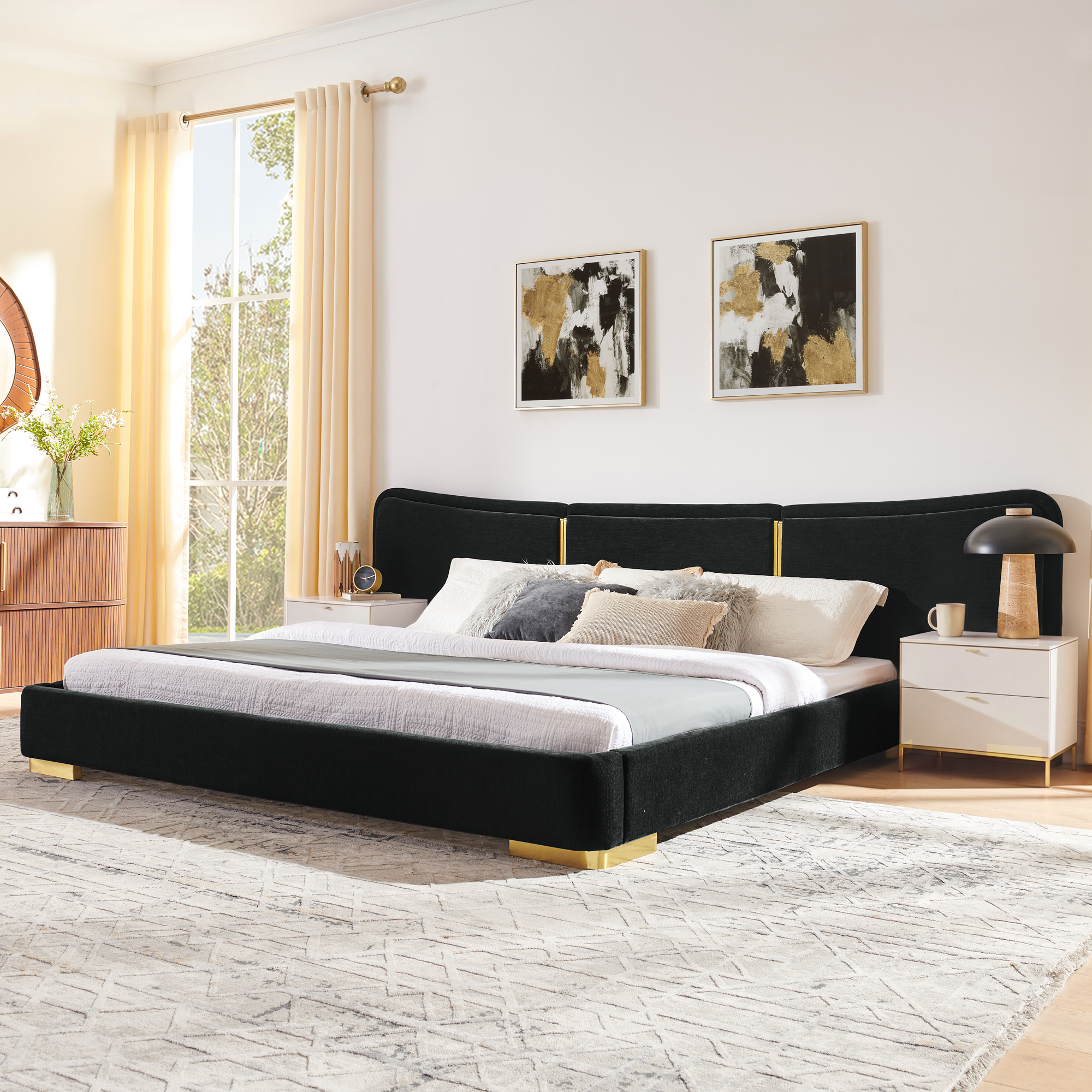 King Size Extra Large Platform Bed, Soft Chenille Fabric Frame, Curved Headboard, Reinforced Electroplated Metal Legs, Flexible DIY Side Space Design-Black - Image 2