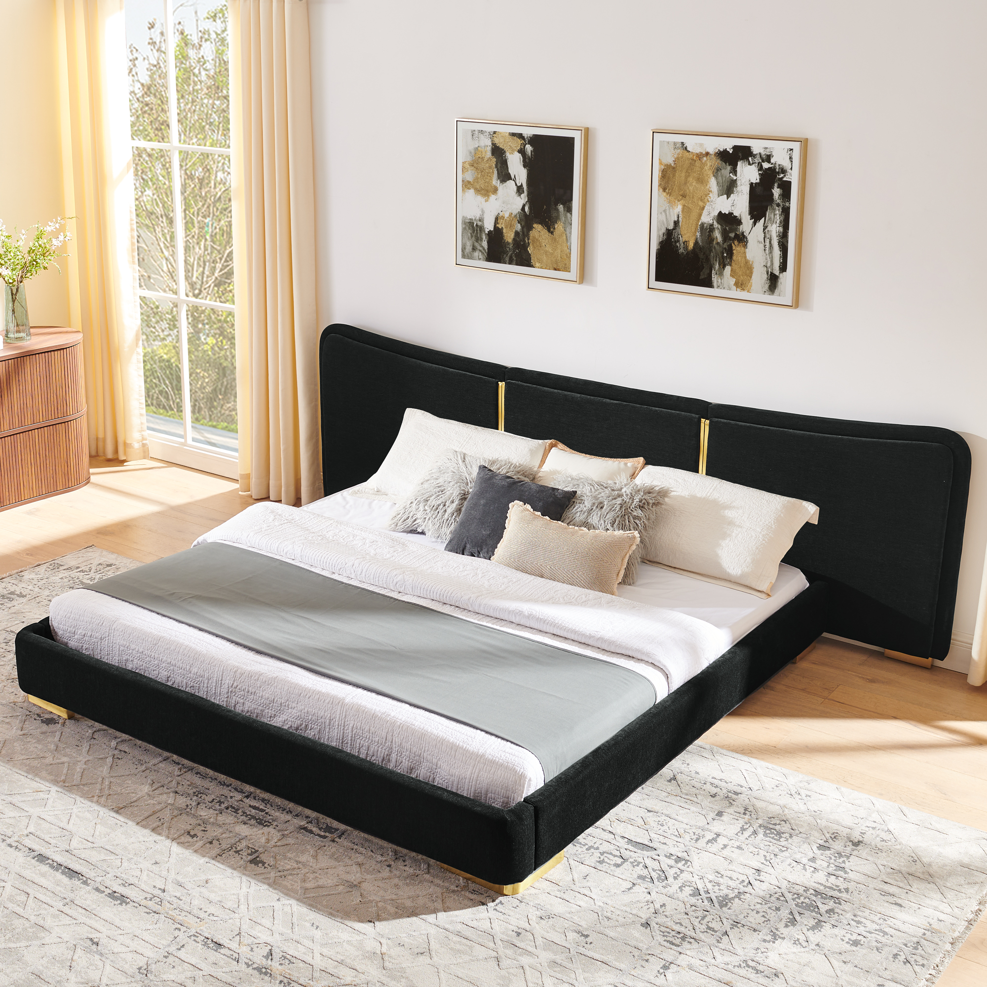 King Size Extra Large Platform Bed, Soft Chenille Fabric Frame, Curved Headboard, Reinforced Electroplated Metal Legs, Flexible DIY Side Space Design-Black - Image 3