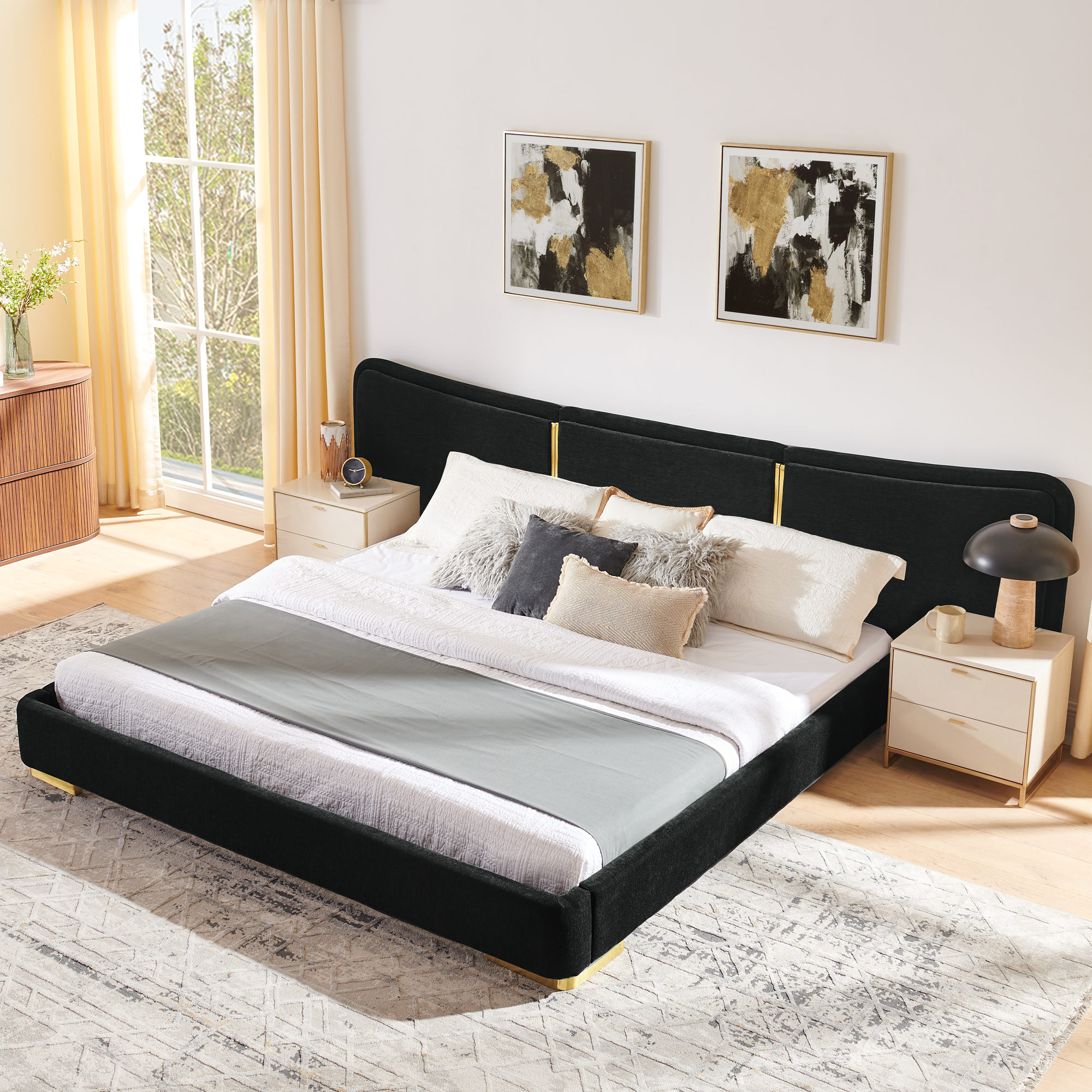 King Size Extra Large Platform Bed, Soft Chenille Fabric Frame, Curved Headboard, Reinforced Electroplated Metal Legs, Flexible DIY Side Space Design-Black - Image 4