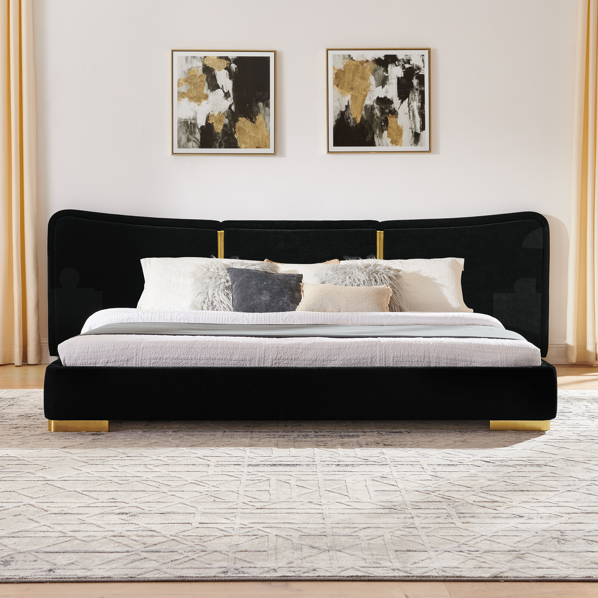 King Size Extra Large Platform Bed, Soft Chenille Fabric Frame, Curved Headboard, Reinforced Electroplated Metal Legs, Flexible DIY Side Space Design-Black - Image 5