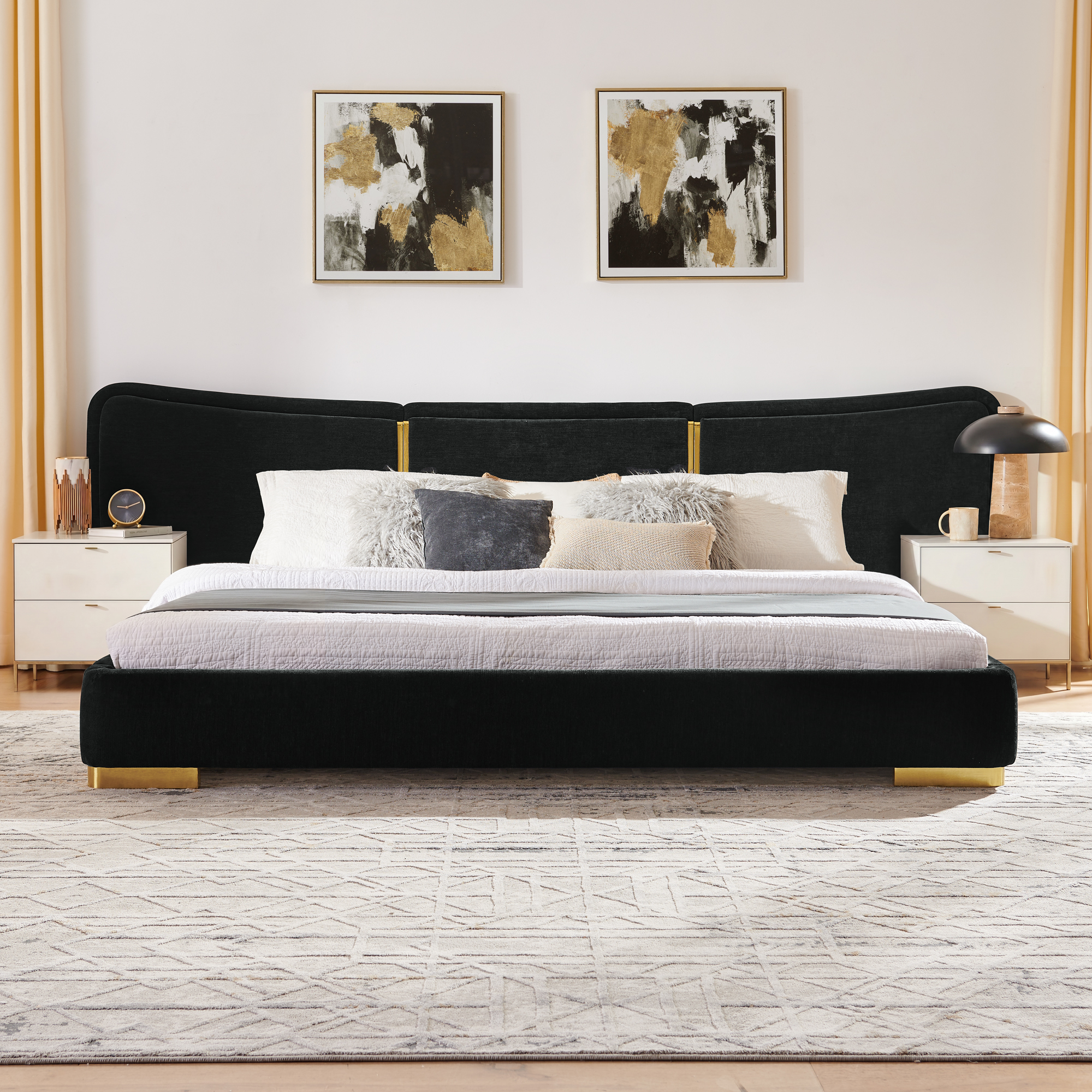 King Size Extra Large Platform Bed, Soft Chenille Fabric Frame, Curved Headboard, Reinforced Electroplated Metal Legs, Flexible DIY Side Space Design-Black - Image 6
