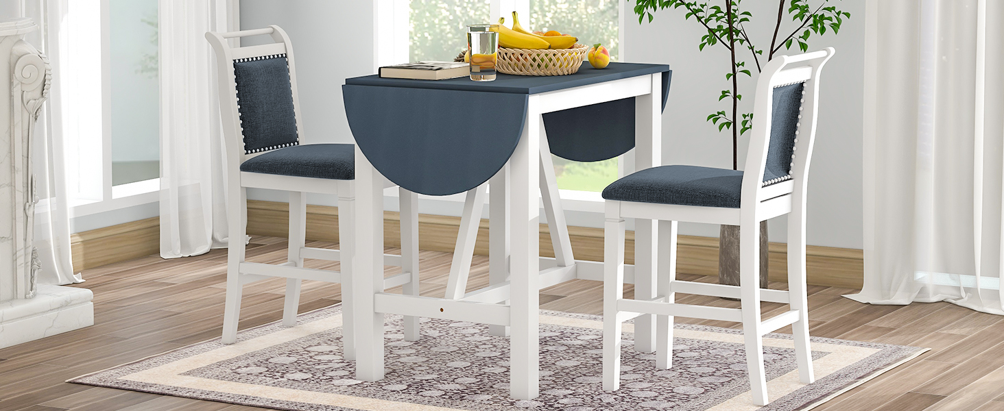 TOPMAX 3-Piece Wood Counter Height Drop Leaf Dining Table Set with 2 Upholstered Dining Chairs for Small Place, White - Image 3