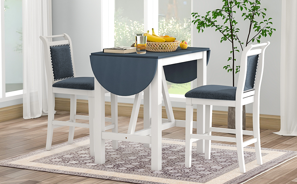 TOPMAX 3-Piece Wood Counter Height Drop Leaf Dining Table Set with 2 Upholstered Dining Chairs for Small Place, White - Image 5