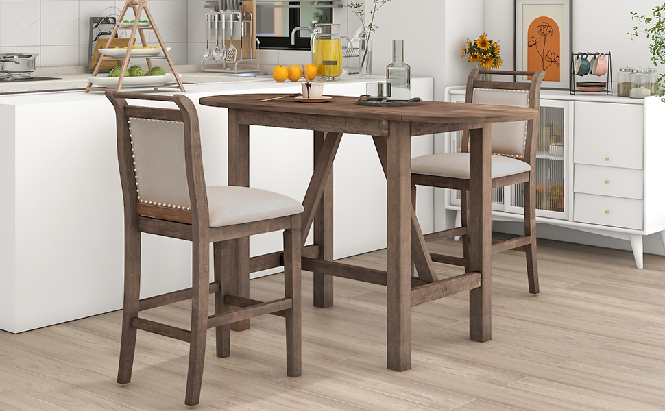 TOPMAX 3-Piece Wood Counter Height Drop Leaf Dining Table Set with 2 Upholstered Dining Chairs for Small Place, Brown - Image 5