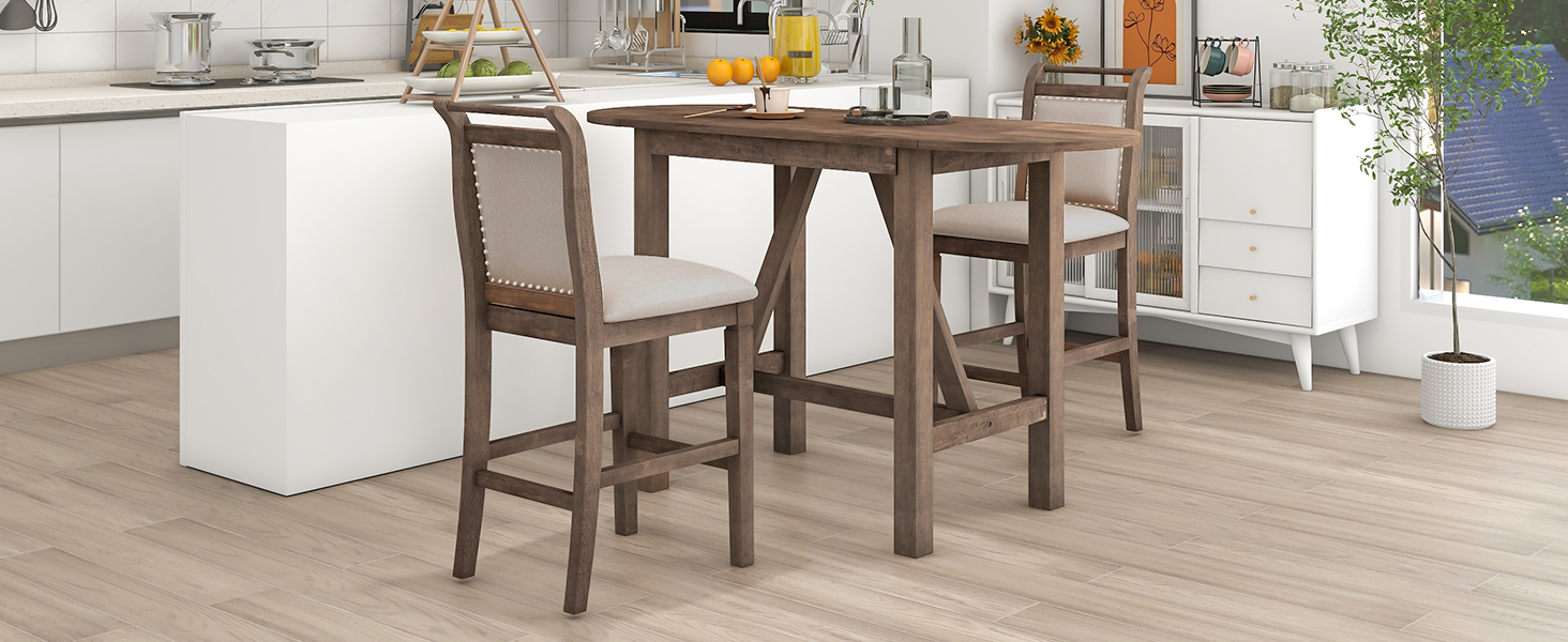TOPMAX 3-Piece Wood Counter Height Drop Leaf Dining Table Set with 2 Upholstered Dining Chairs for Small Place, Brown - Image 6