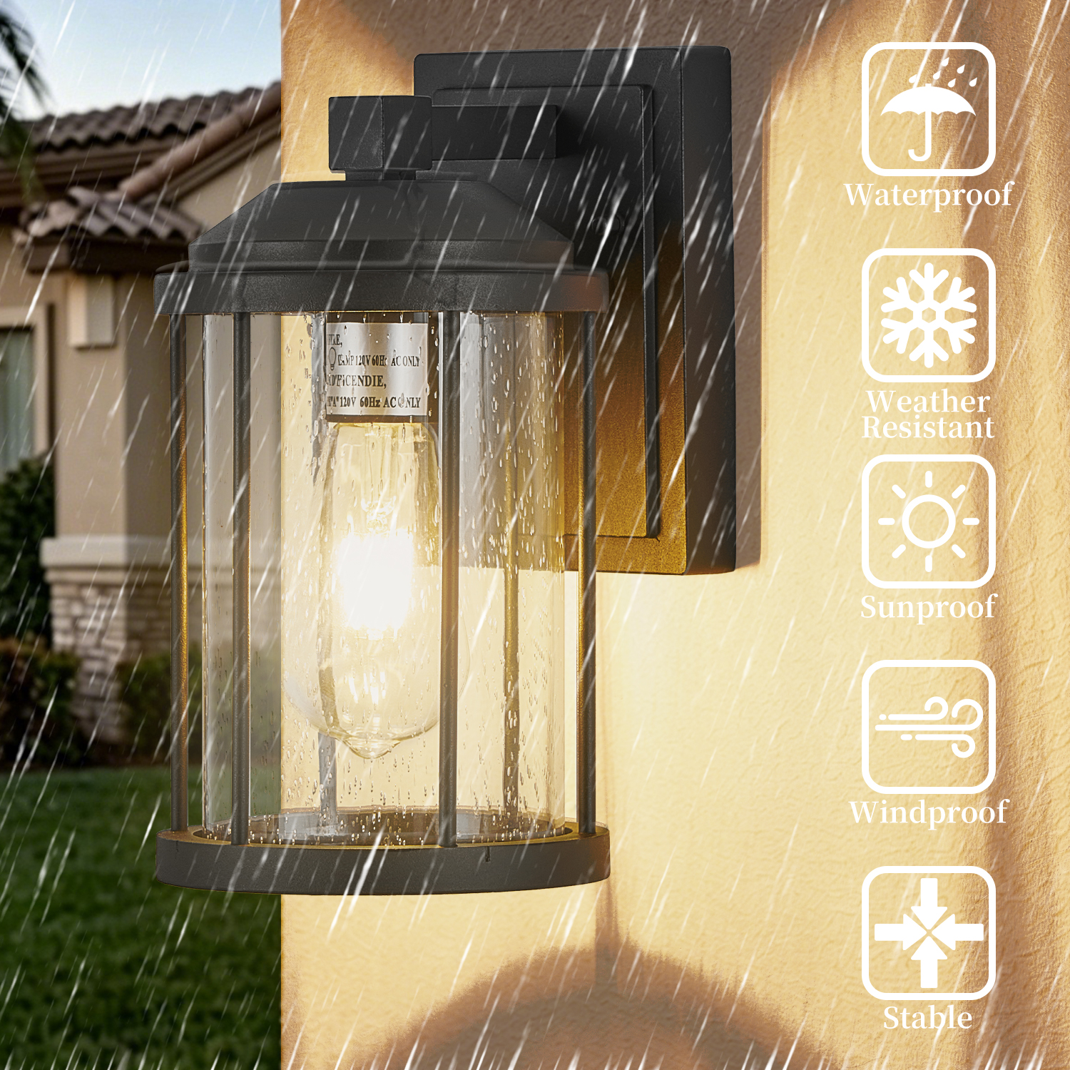 Outdoor Wall Sconces 2 Pack, Exterior Light Lantern Fixtures, Porch Light Lamps Outdoor Wall Mounted in Black Finish with Seeded Glass for House, Garage, Patio, Yard, Garden - Image 4