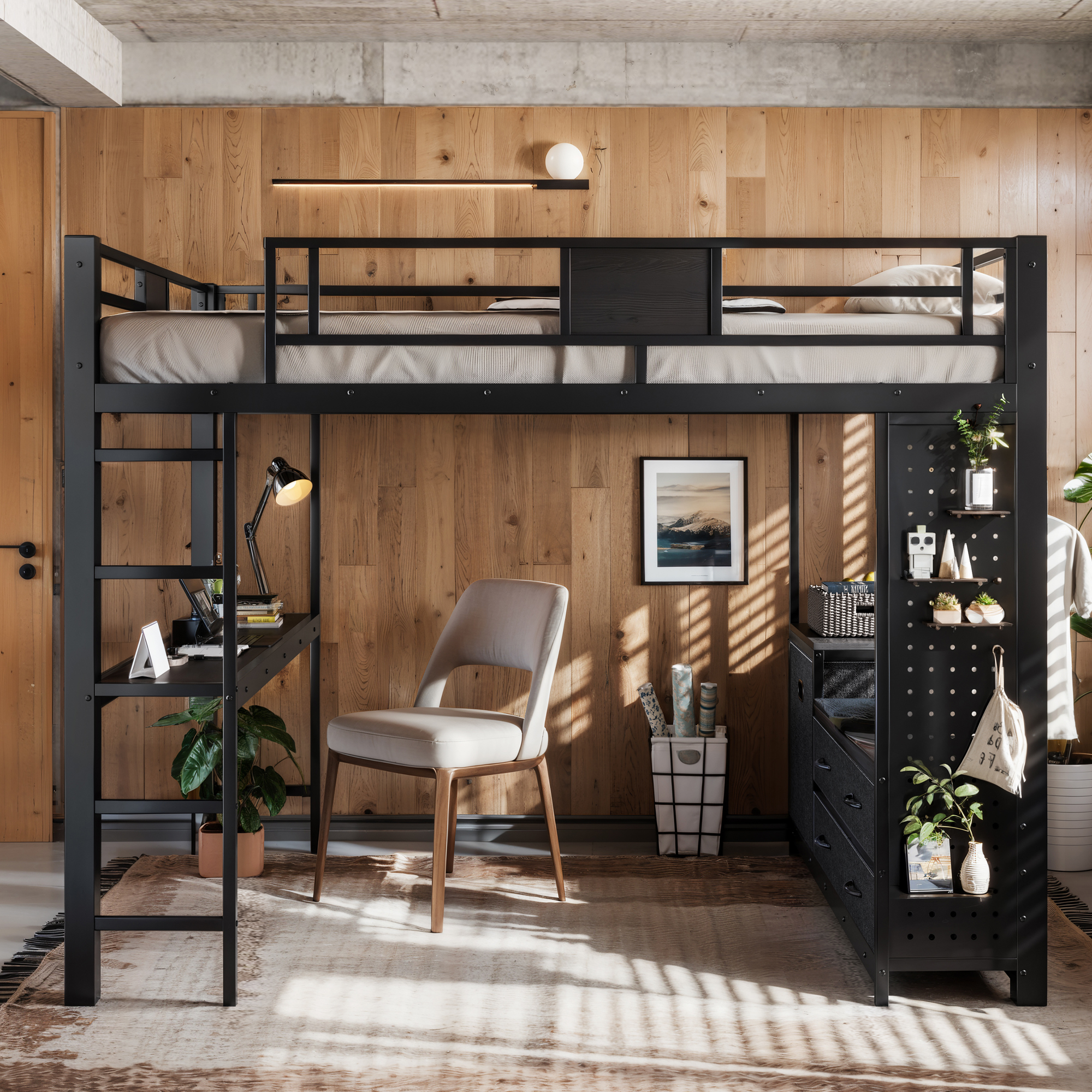 Queen Size Loft Bed with Desk & Shelves, Black Metal Loft Bed Frame with clothesline pole, Storage pegboard, laundry bag,Space-Saving Adult Loft for Dorms, Bedroom,Black - Image 2
