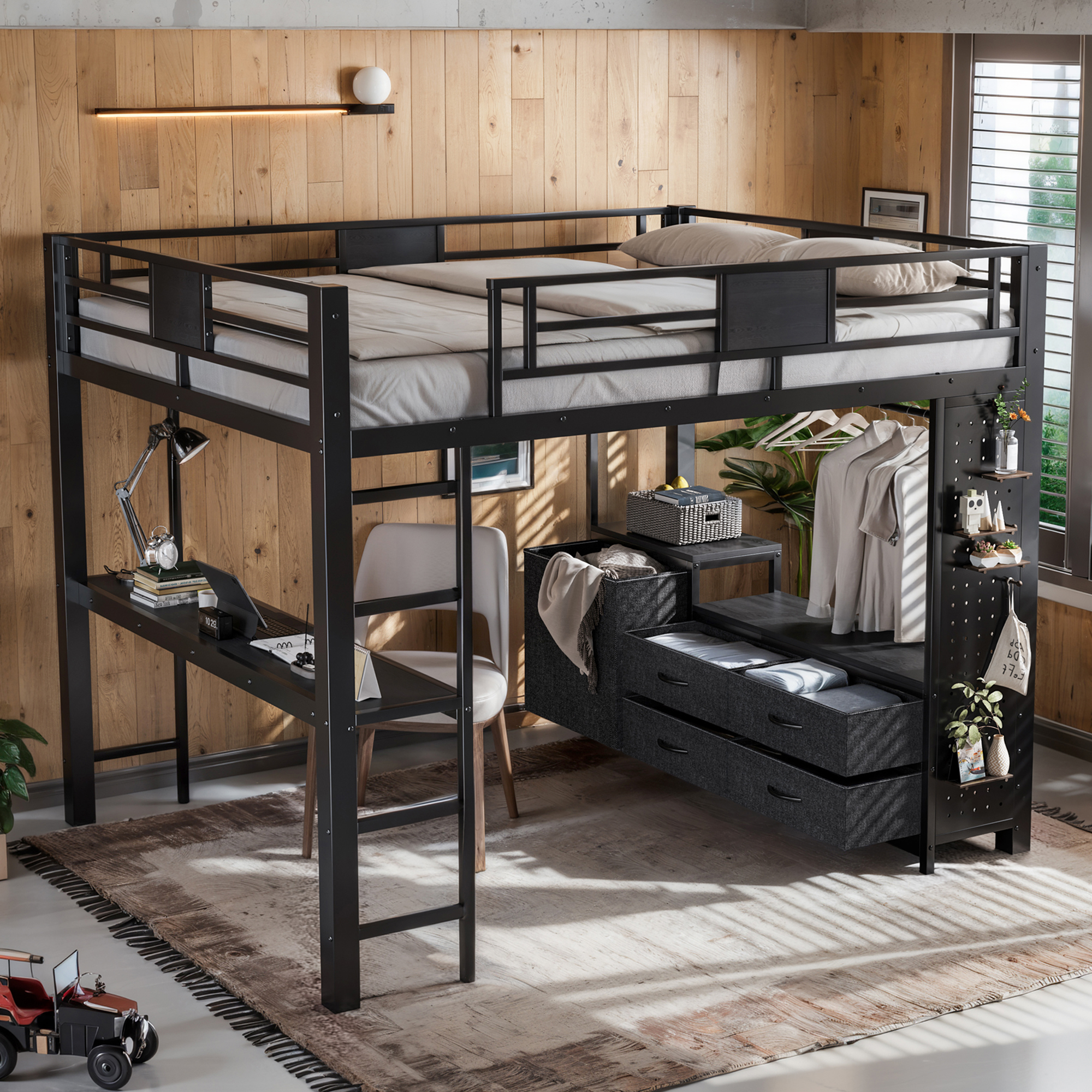 Queen Size Loft Bed with Desk & Shelves, Black Metal Loft Bed Frame with clothesline pole, Storage pegboard, laundry bag,Space-Saving Adult Loft for Dorms, Bedroom,Black - Image 3