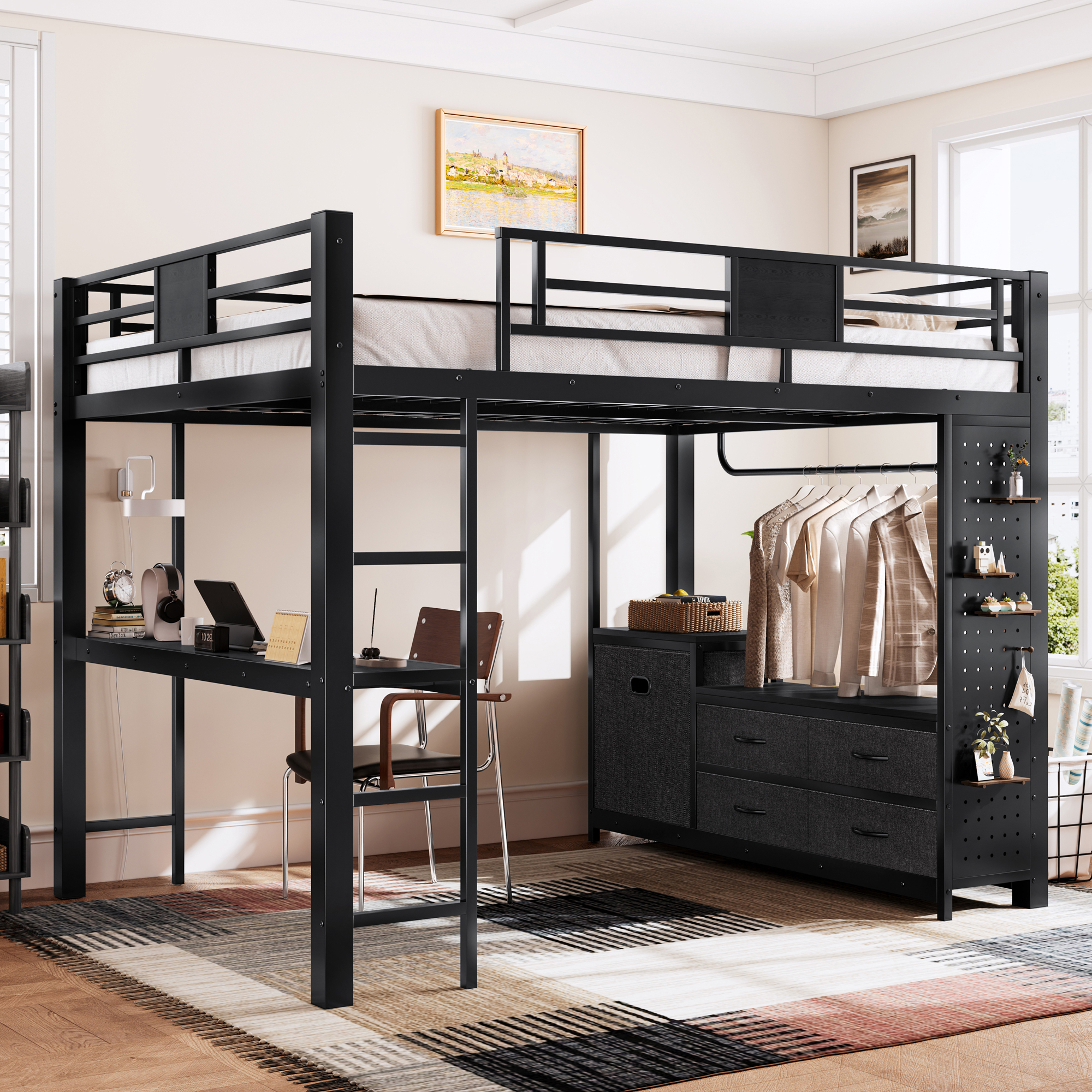 Queen Size Loft Bed with Desk & Shelves, Black Metal Loft Bed Frame with clothesline pole, Storage pegboard, laundry bag,Space-Saving Adult Loft for Dorms, Bedroom,Black - Image 4