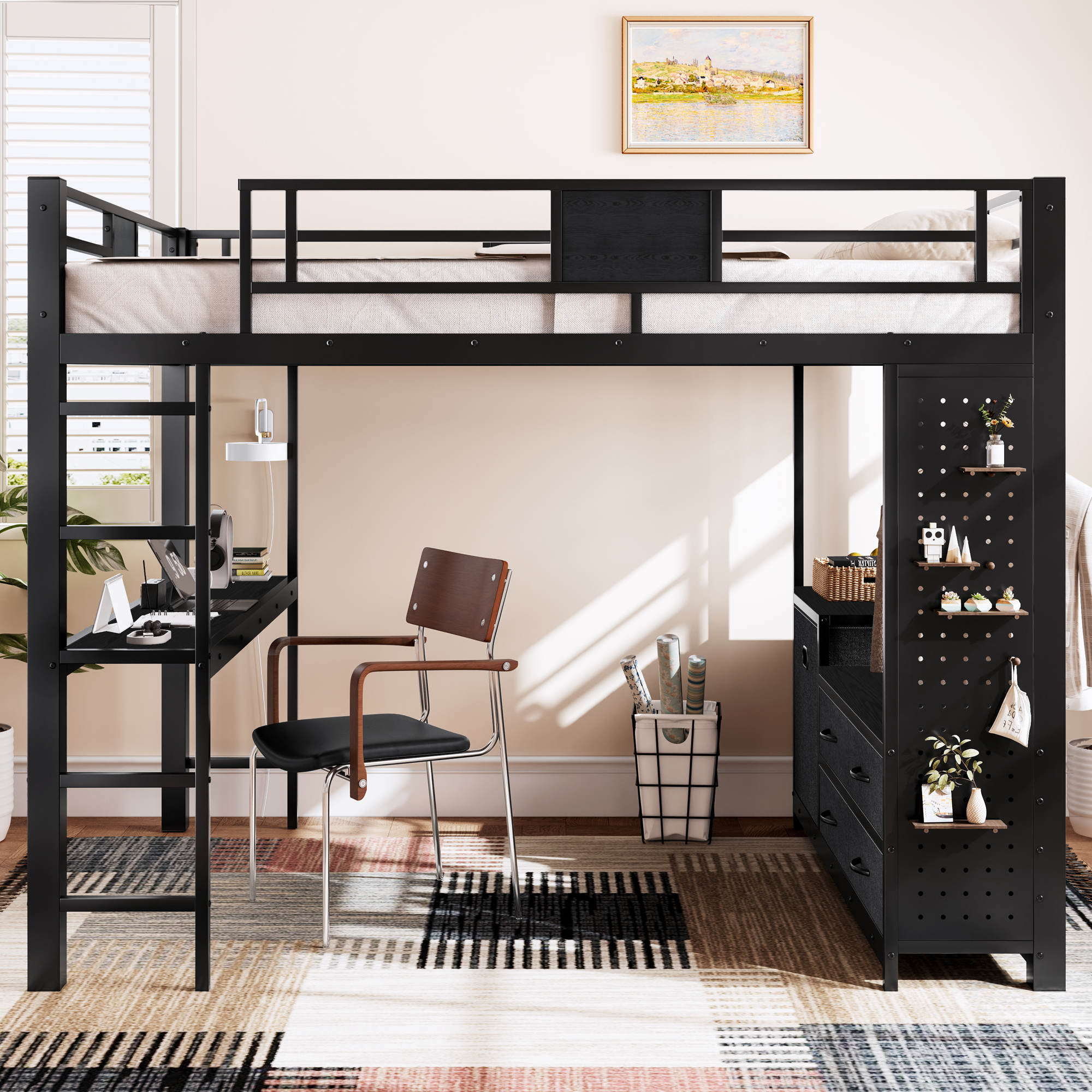 Queen Size Loft Bed with Desk & Shelves, Black Metal Loft Bed Frame with clothesline pole, Storage pegboard, laundry bag,Space-Saving Adult Loft for Dorms, Bedroom,Black - Image 5