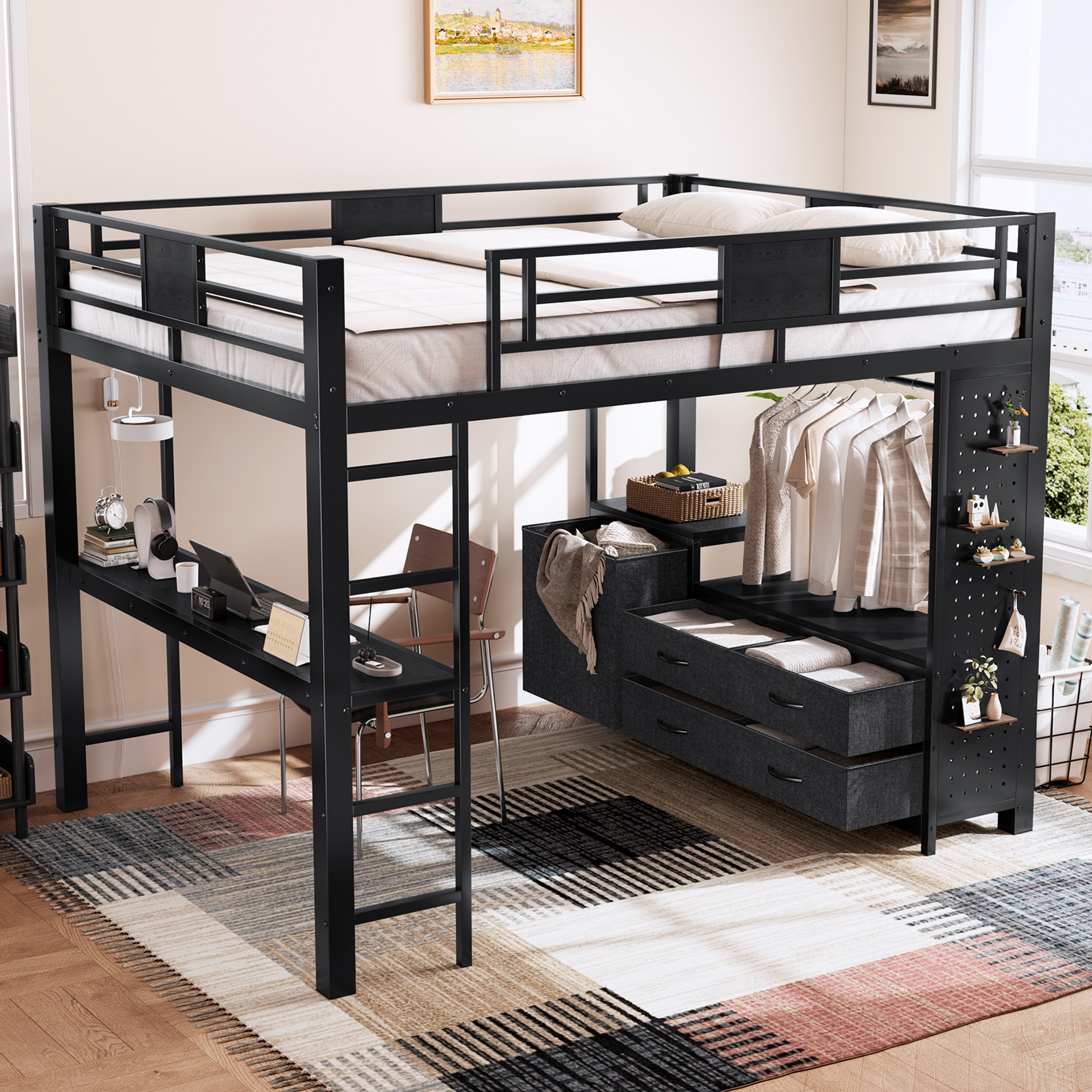 Queen Size Loft Bed with Desk & Shelves, Black Metal Loft Bed Frame with clothesline pole, Storage pegboard, laundry bag,Space-Saving Adult Loft for Dorms, Bedroom,Black - Image 6
