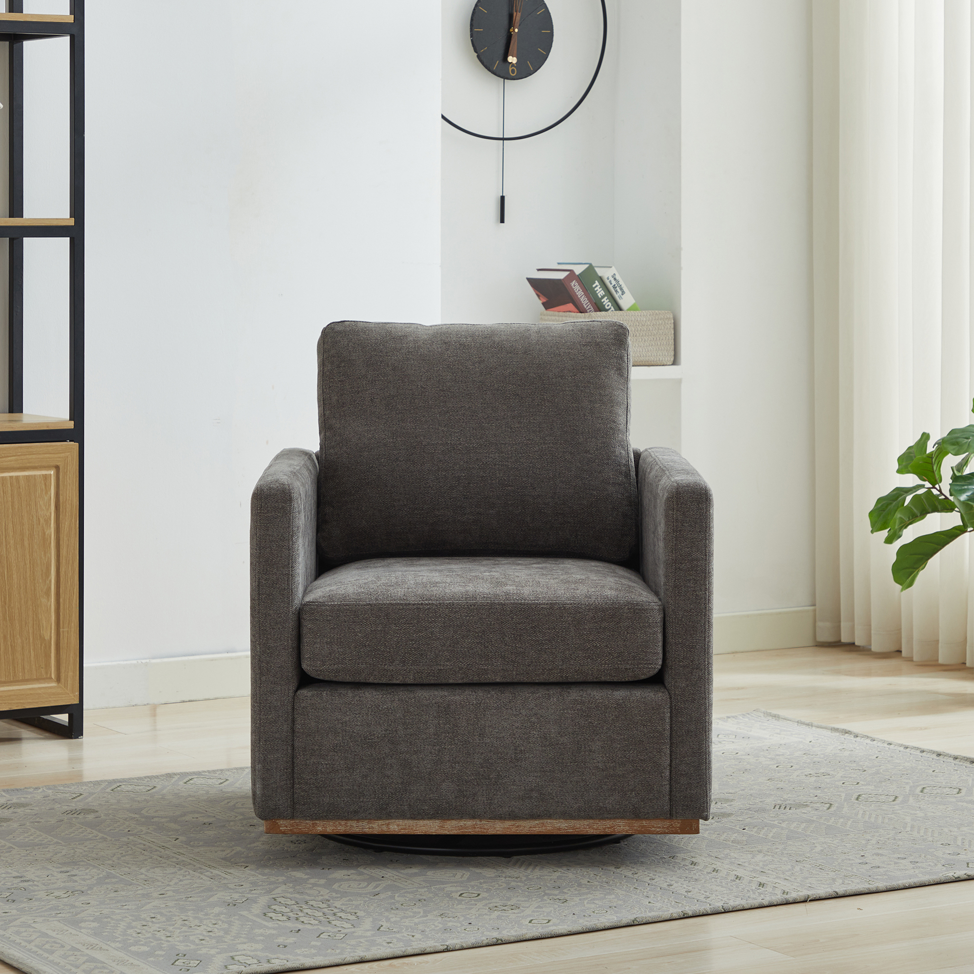 30.7"W Square Upholstered 360° Swivel Accent Chair and Comfy Single Sofa Chair with a Weathered Finished Wooden Base, Club Lounge Reading Armchair for Living Room Bedroom Apartment Nursery. Charcoal - Image 2