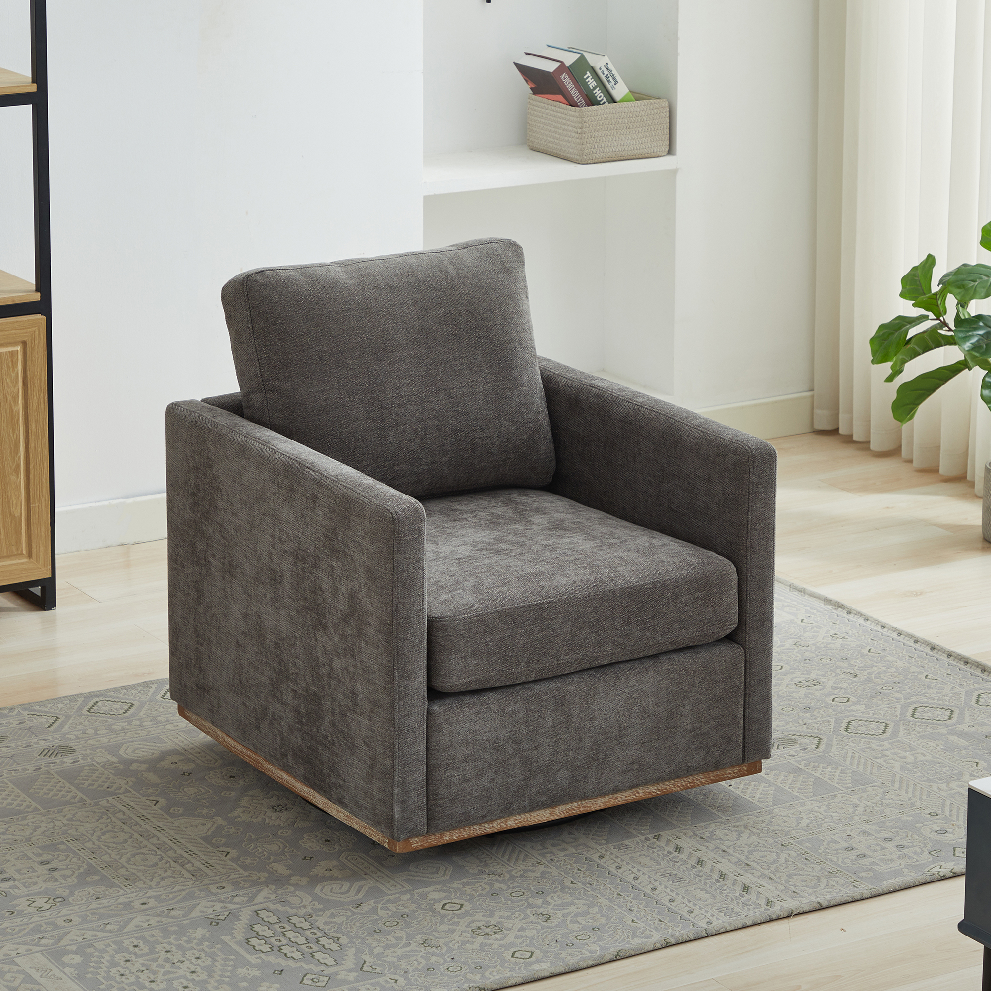 30.7"W Square Upholstered 360° Swivel Accent Chair and Comfy Single Sofa Chair with a Weathered Finished Wooden Base, Club Lounge Reading Armchair for Living Room Bedroom Apartment Nursery. Charcoal - Image 3