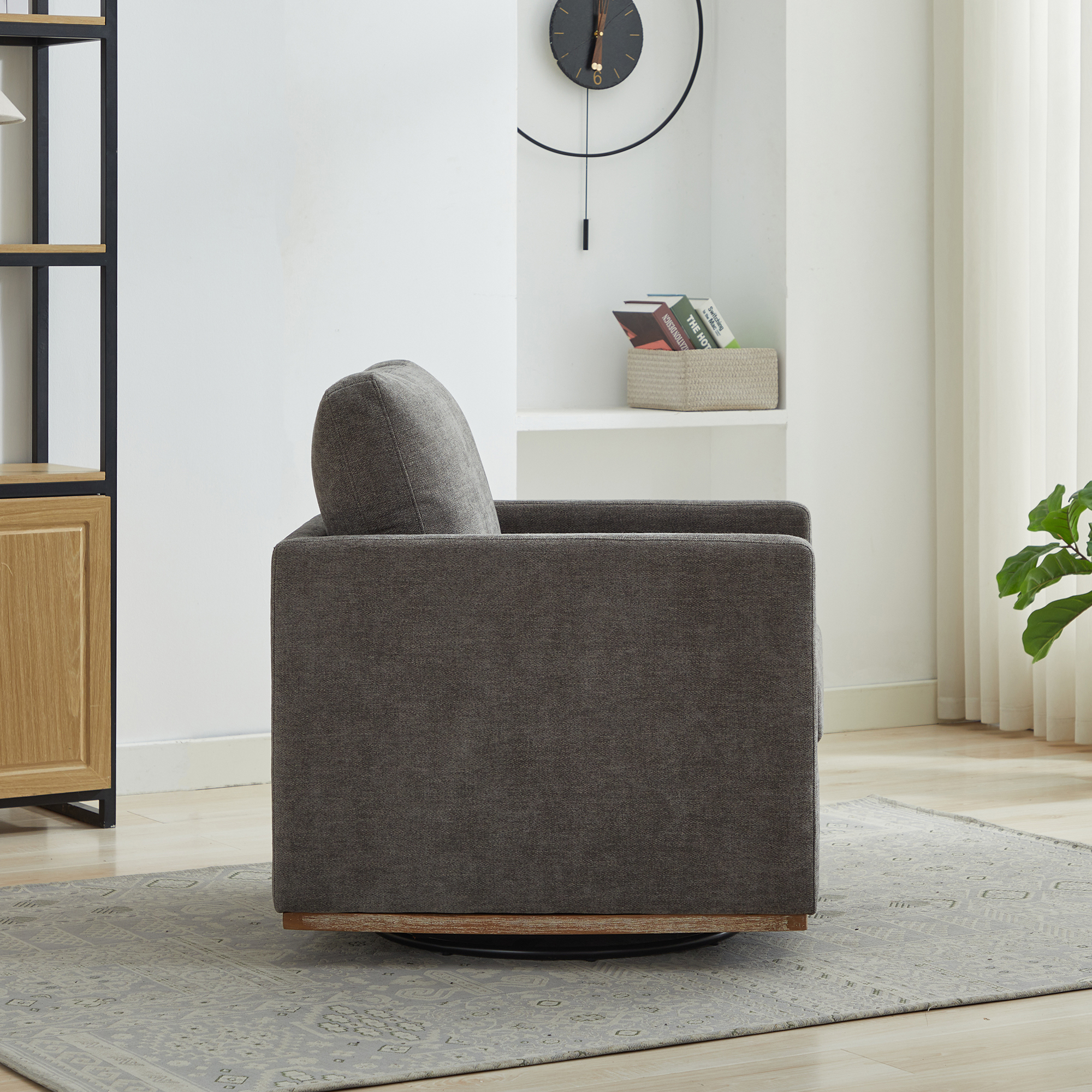 30.7"W Square Upholstered 360° Swivel Accent Chair and Comfy Single Sofa Chair with a Weathered Finished Wooden Base, Club Lounge Reading Armchair for Living Room Bedroom Apartment Nursery. Charcoal - Image 5