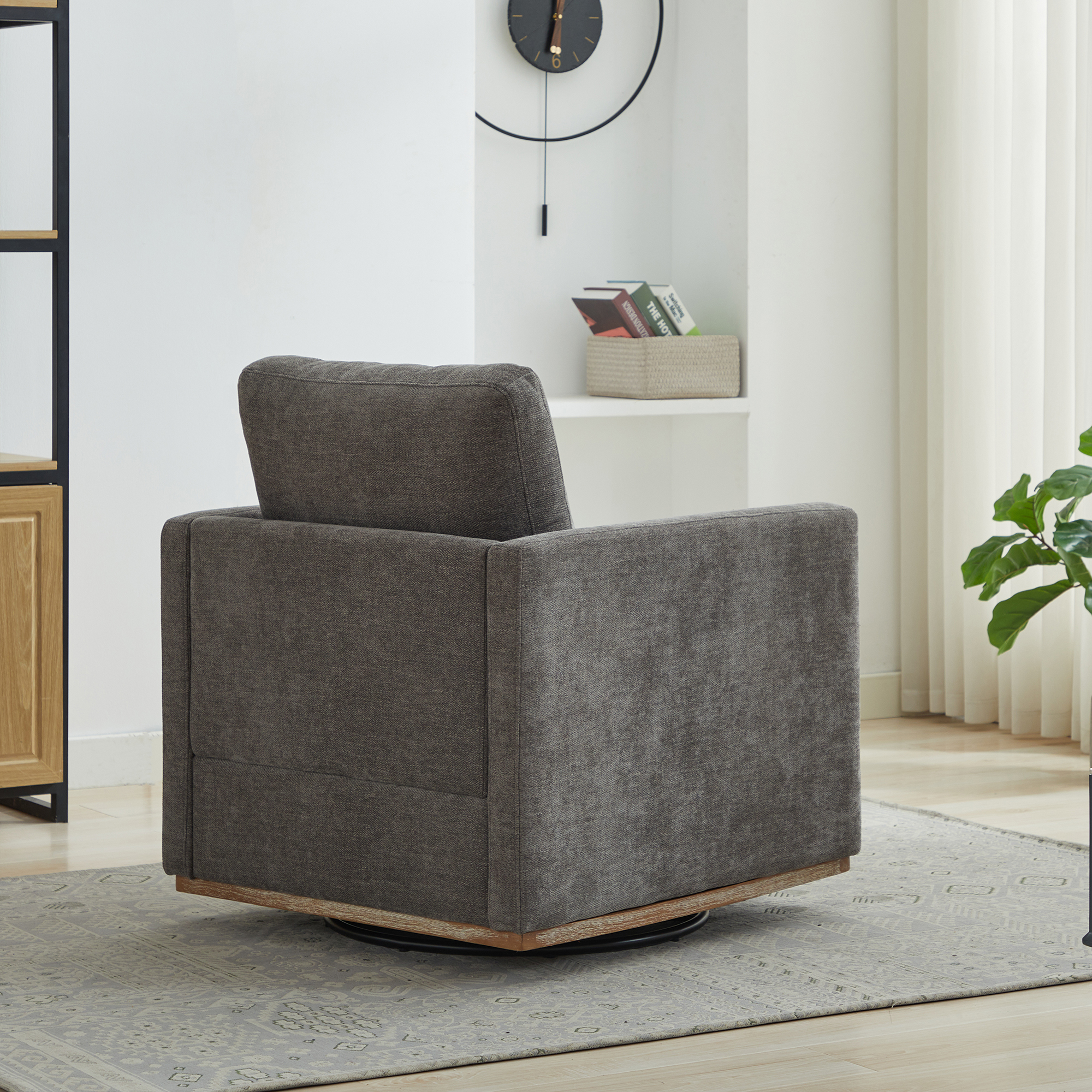 30.7"W Square Upholstered 360° Swivel Accent Chair and Comfy Single Sofa Chair with a Weathered Finished Wooden Base, Club Lounge Reading Armchair for Living Room Bedroom Apartment Nursery. Charcoal - Image 6