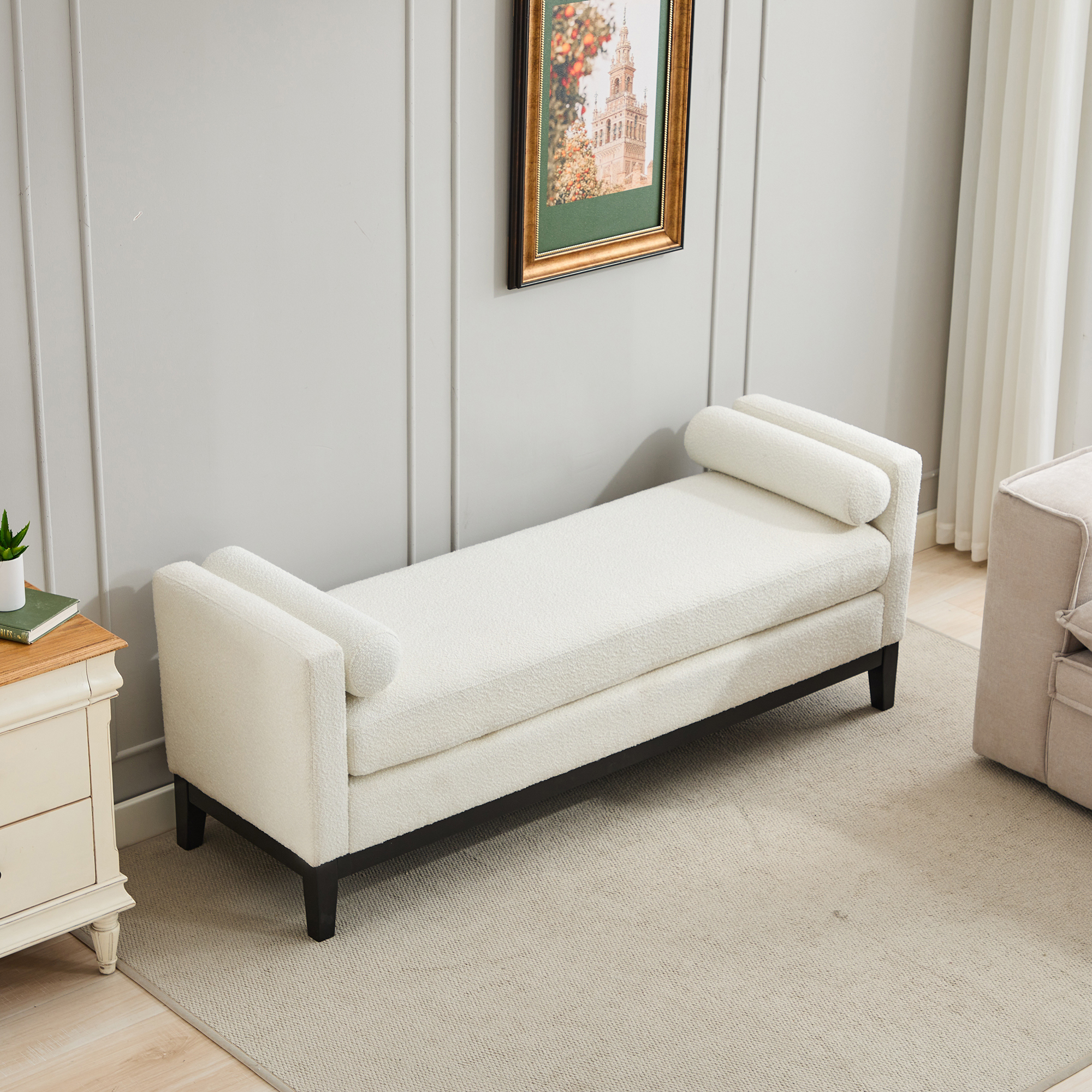 66.34"W Upholstered End of Bed Bench with Black Finish Wood Frame, Daybed, Footrest Stool Ottoman with Arms & Wood Legs & 2 Bolsters for Bedroom, Window, Living Room, Entryway, Hallway,Ivory Boucle - Image 2