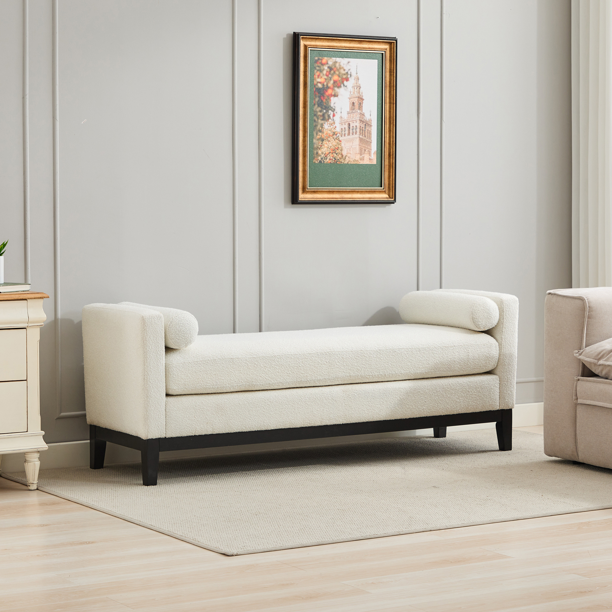 66.34"W Upholstered End of Bed Bench with Black Finish Wood Frame, Daybed, Footrest Stool Ottoman with Arms & Wood Legs & 2 Bolsters for Bedroom, Window, Living Room, Entryway, Hallway,Ivory Boucle - Image 3
