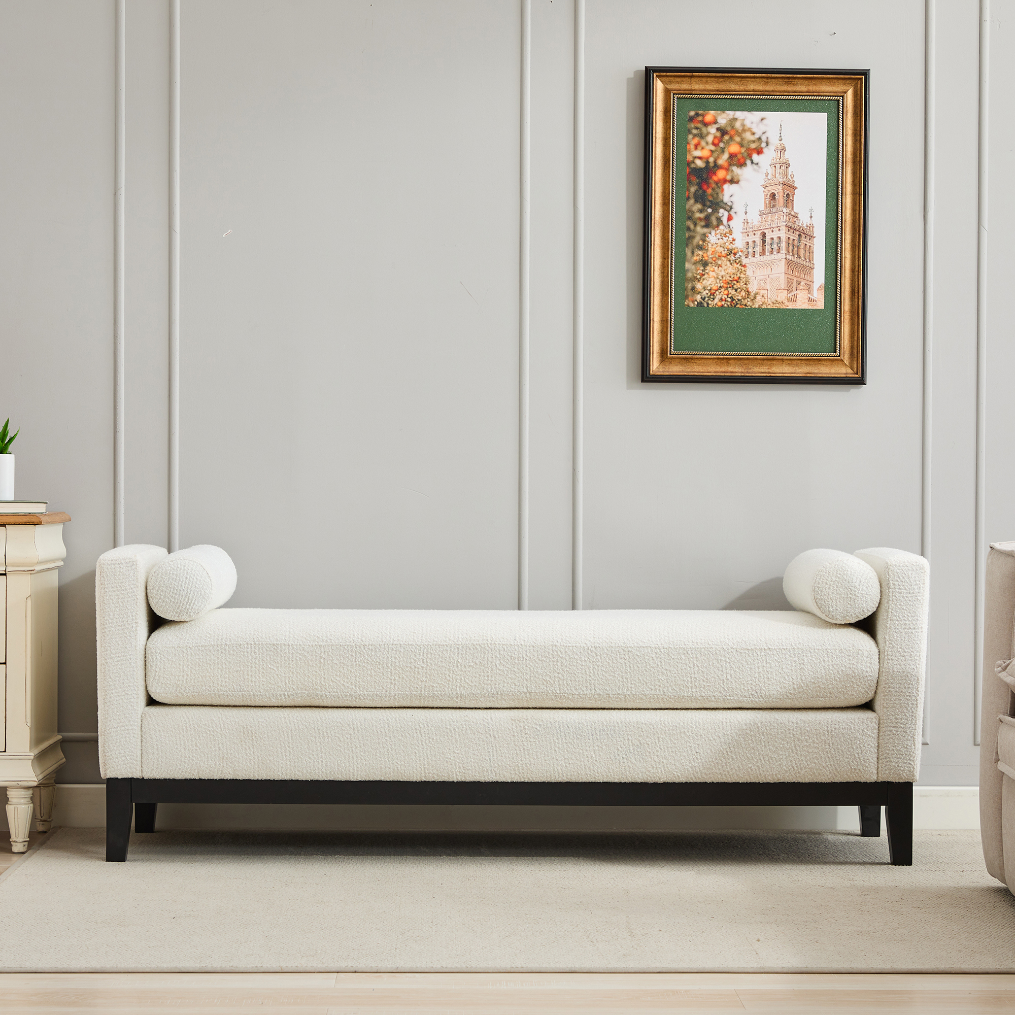 66.34"W Upholstered End of Bed Bench with Black Finish Wood Frame, Daybed, Footrest Stool Ottoman with Arms & Wood Legs & 2 Bolsters for Bedroom, Window, Living Room, Entryway, Hallway,Ivory Boucle - Image 4