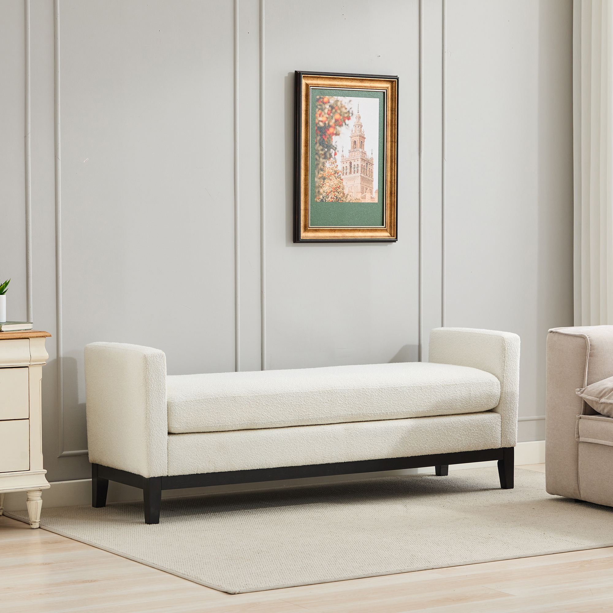 66.34"W Upholstered End of Bed Bench with Black Finish Wood Frame, Daybed, Footrest Stool Ottoman with Arms & Wood Legs & 2 Bolsters for Bedroom, Window, Living Room, Entryway, Hallway,Ivory Boucle - Image 5