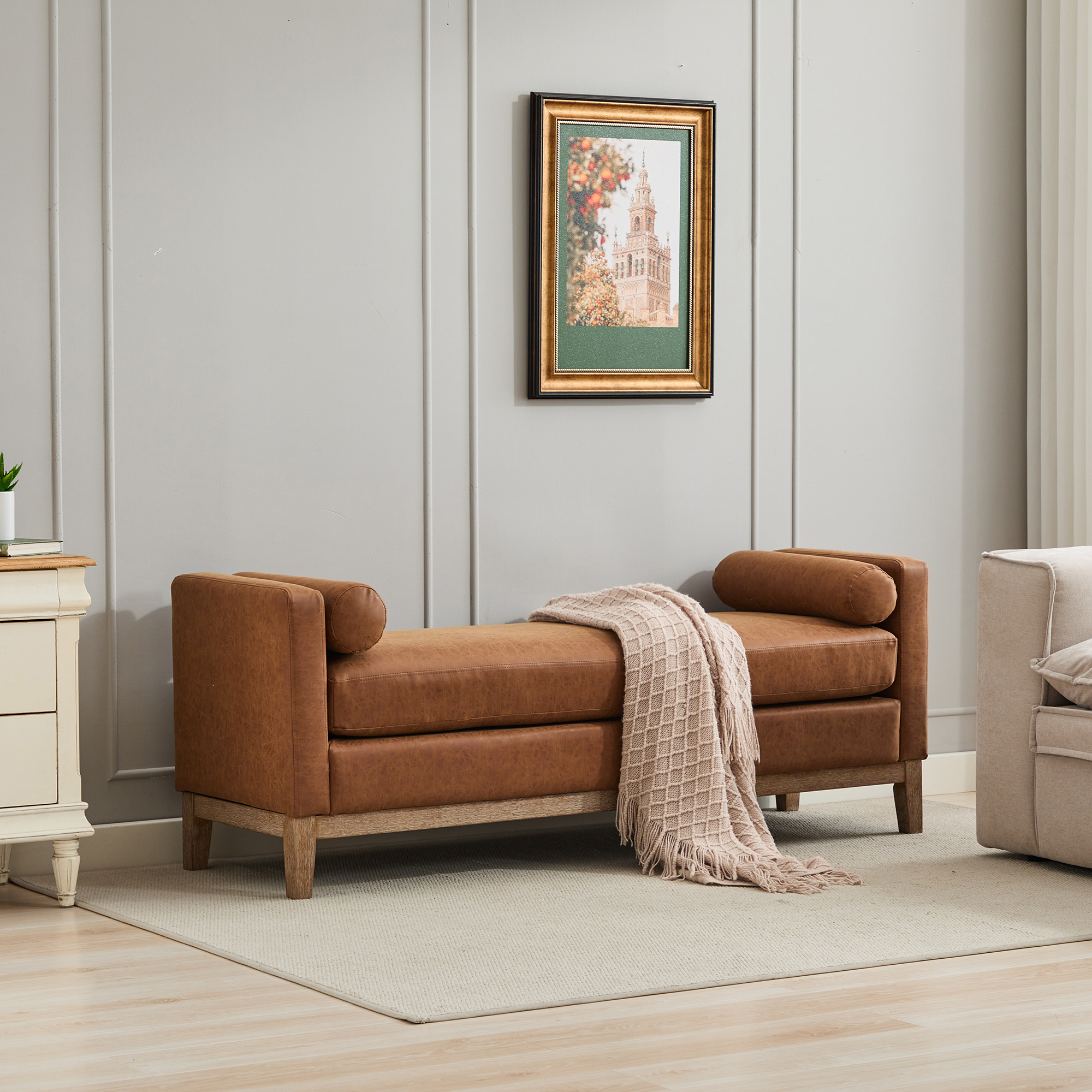 66.34″W Upholstered End of Bed Bench with Weathered Finish Wood Frame, Daybed, Footrest Stool Ottoman with Arms & Wood Legs & 2 Bolsters for Bedroom, Window, Living Room, Entryway, Hallway, Brown PU