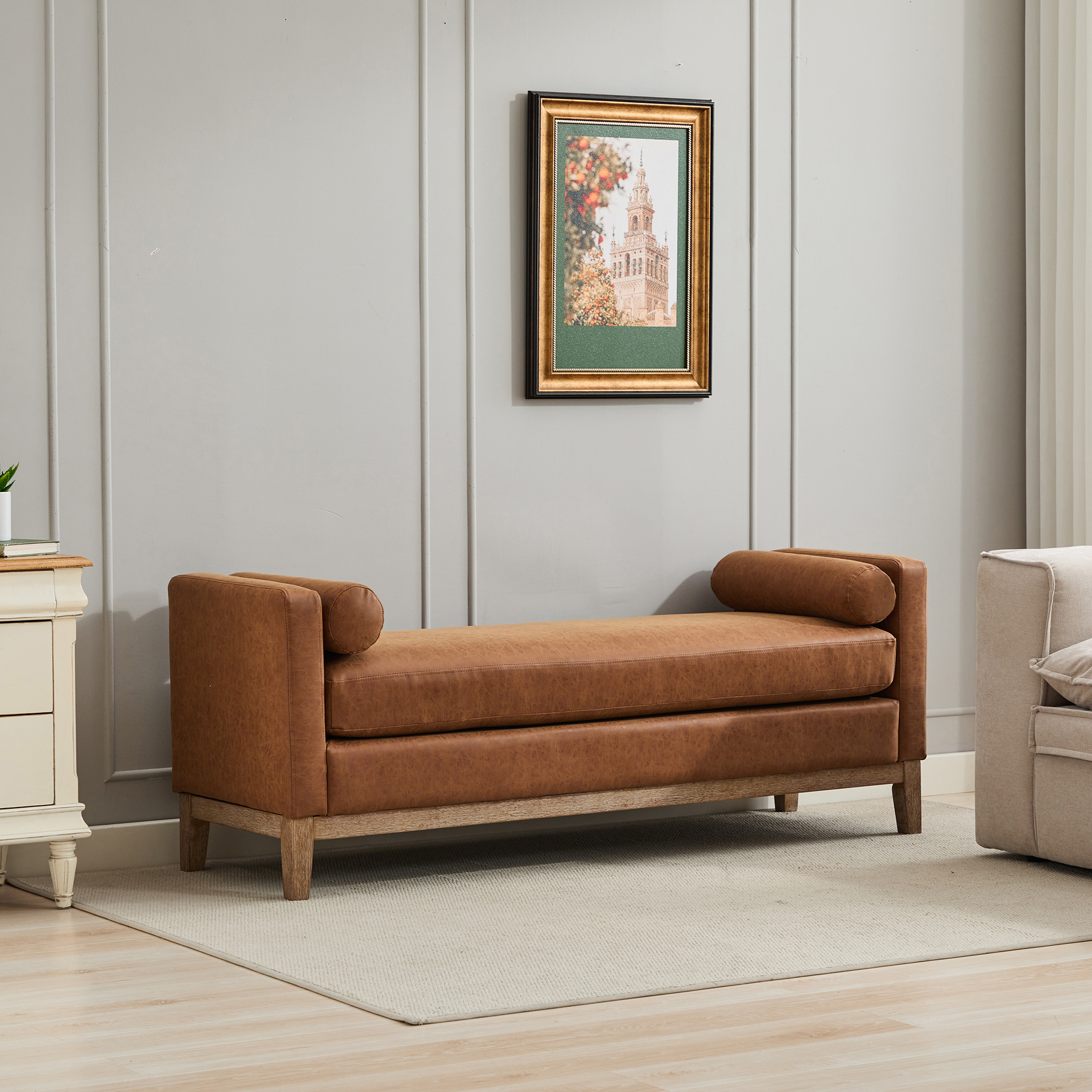 66.34"W Upholstered End of Bed Bench with Weathered Finish Wood Frame, Daybed, Footrest Stool Ottoman with Arms & Wood Legs & 2 Bolsters for Bedroom, Window, Living Room, Entryway, Hallway, Brown PU - Image 2