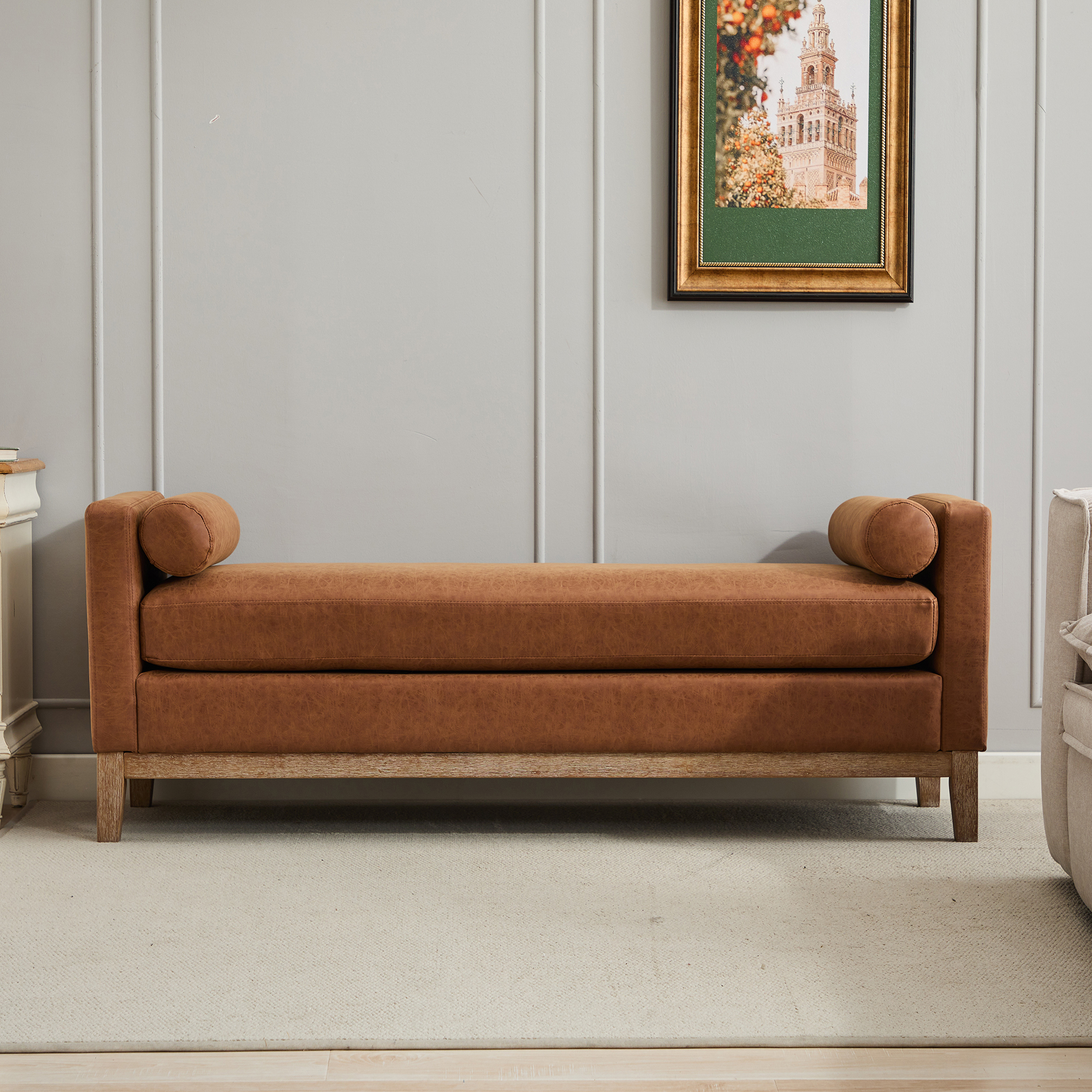 66.34"W Upholstered End of Bed Bench with Weathered Finish Wood Frame, Daybed, Footrest Stool Ottoman with Arms & Wood Legs & 2 Bolsters for Bedroom, Window, Living Room, Entryway, Hallway, Brown PU - Image 3