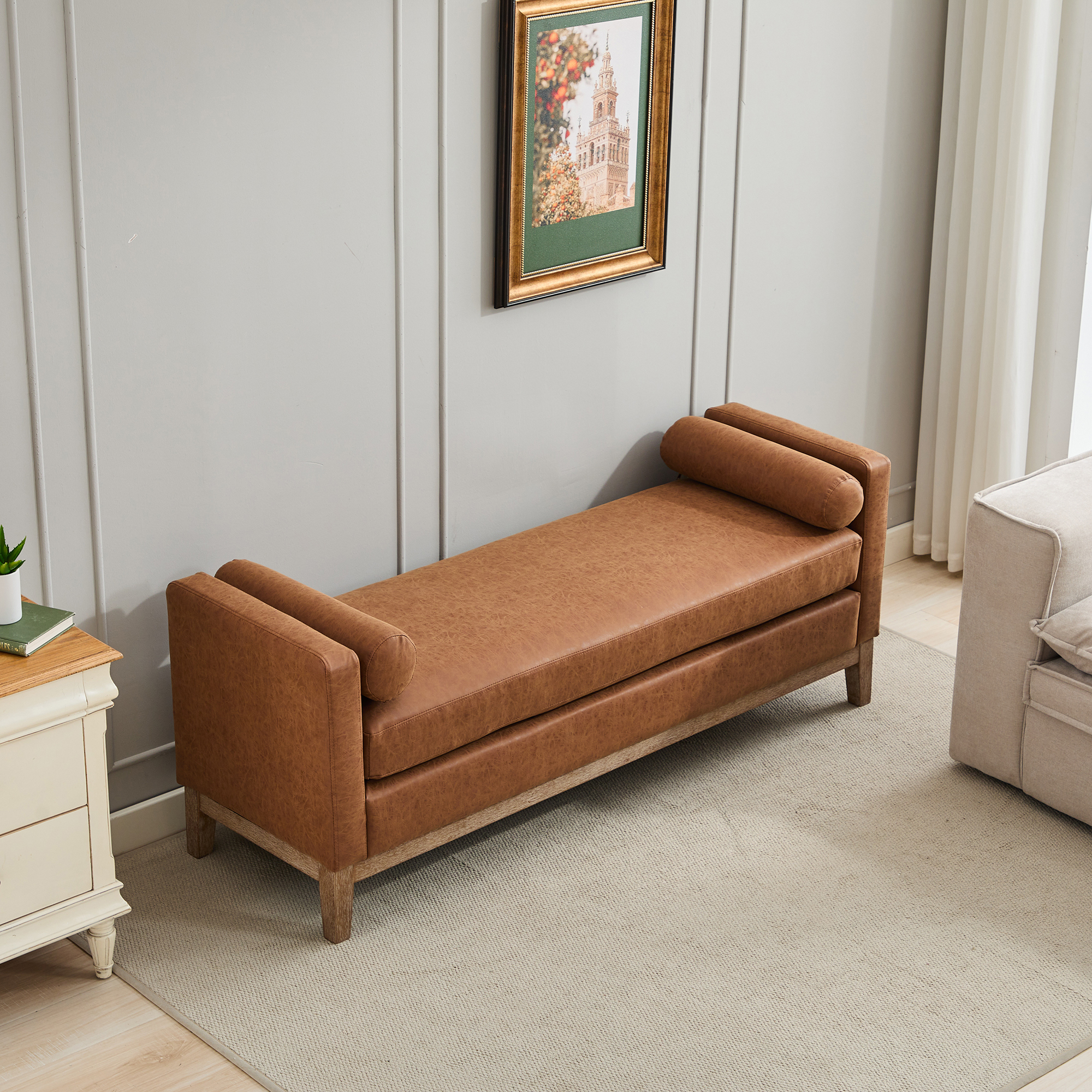 66.34"W Upholstered End of Bed Bench with Weathered Finish Wood Frame, Daybed, Footrest Stool Ottoman with Arms & Wood Legs & 2 Bolsters for Bedroom, Window, Living Room, Entryway, Hallway, Brown PU - Image 4