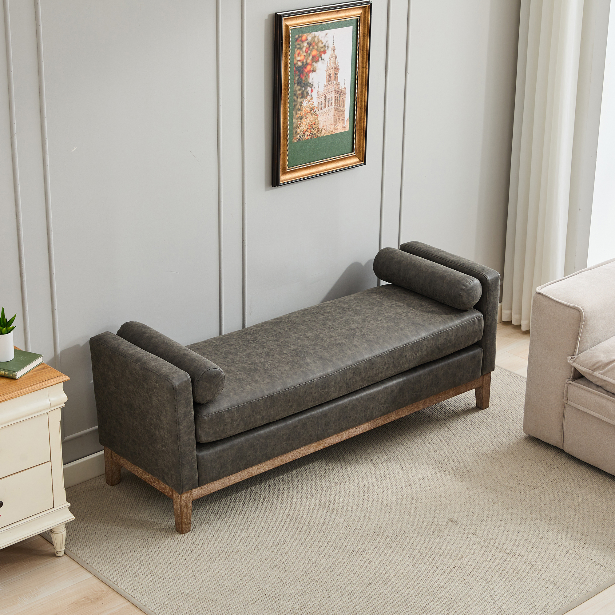 66.34"W Upholstered End of Bed Bench with Weathered Finish Wood Frame, Daybed, Footrest Stool Ottoman with Arms & Wood Legs & 2 Bolsters for Bedroom, Window, Living Room, Entryway, Hallway, Gray PU - Image 2