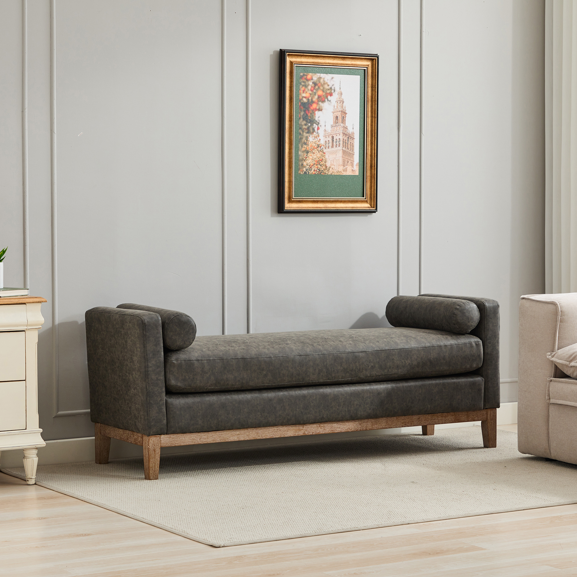 66.34"W Upholstered End of Bed Bench with Weathered Finish Wood Frame, Daybed, Footrest Stool Ottoman with Arms & Wood Legs & 2 Bolsters for Bedroom, Window, Living Room, Entryway, Hallway, Gray PU - Image 3