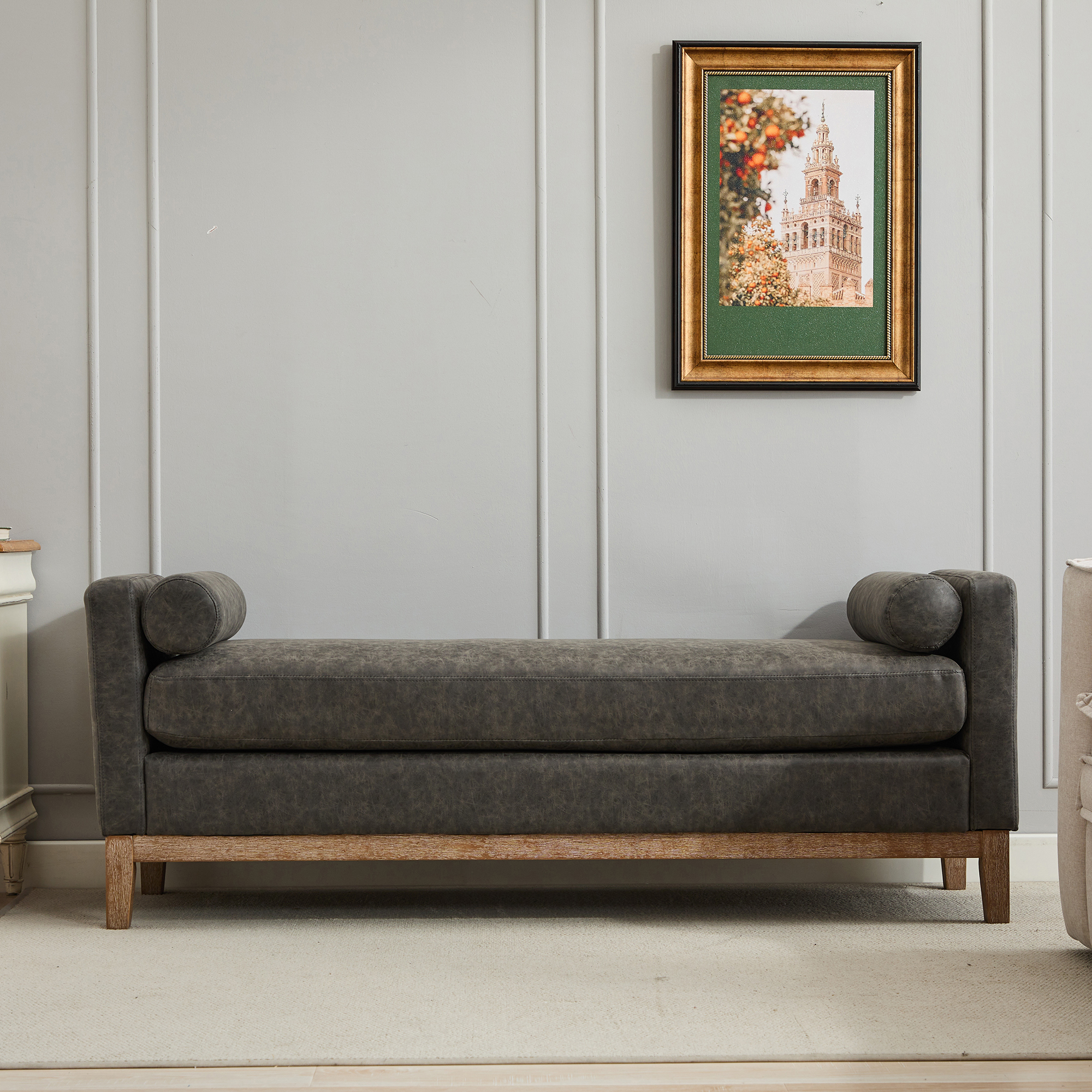 66.34"W Upholstered End of Bed Bench with Weathered Finish Wood Frame, Daybed, Footrest Stool Ottoman with Arms & Wood Legs & 2 Bolsters for Bedroom, Window, Living Room, Entryway, Hallway, Gray PU - Image 4