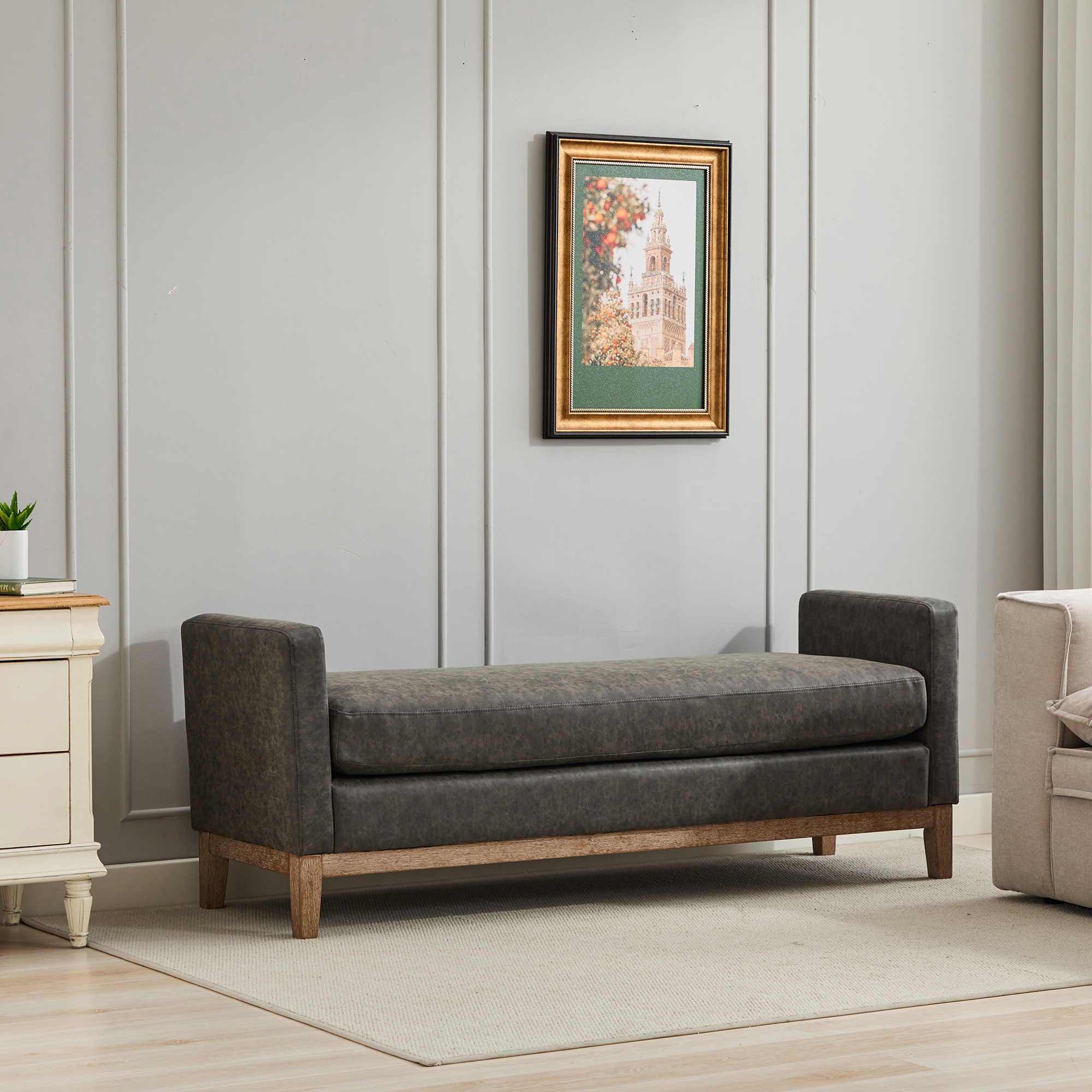 66.34"W Upholstered End of Bed Bench with Weathered Finish Wood Frame, Daybed, Footrest Stool Ottoman with Arms & Wood Legs & 2 Bolsters for Bedroom, Window, Living Room, Entryway, Hallway, Gray PU - Image 5