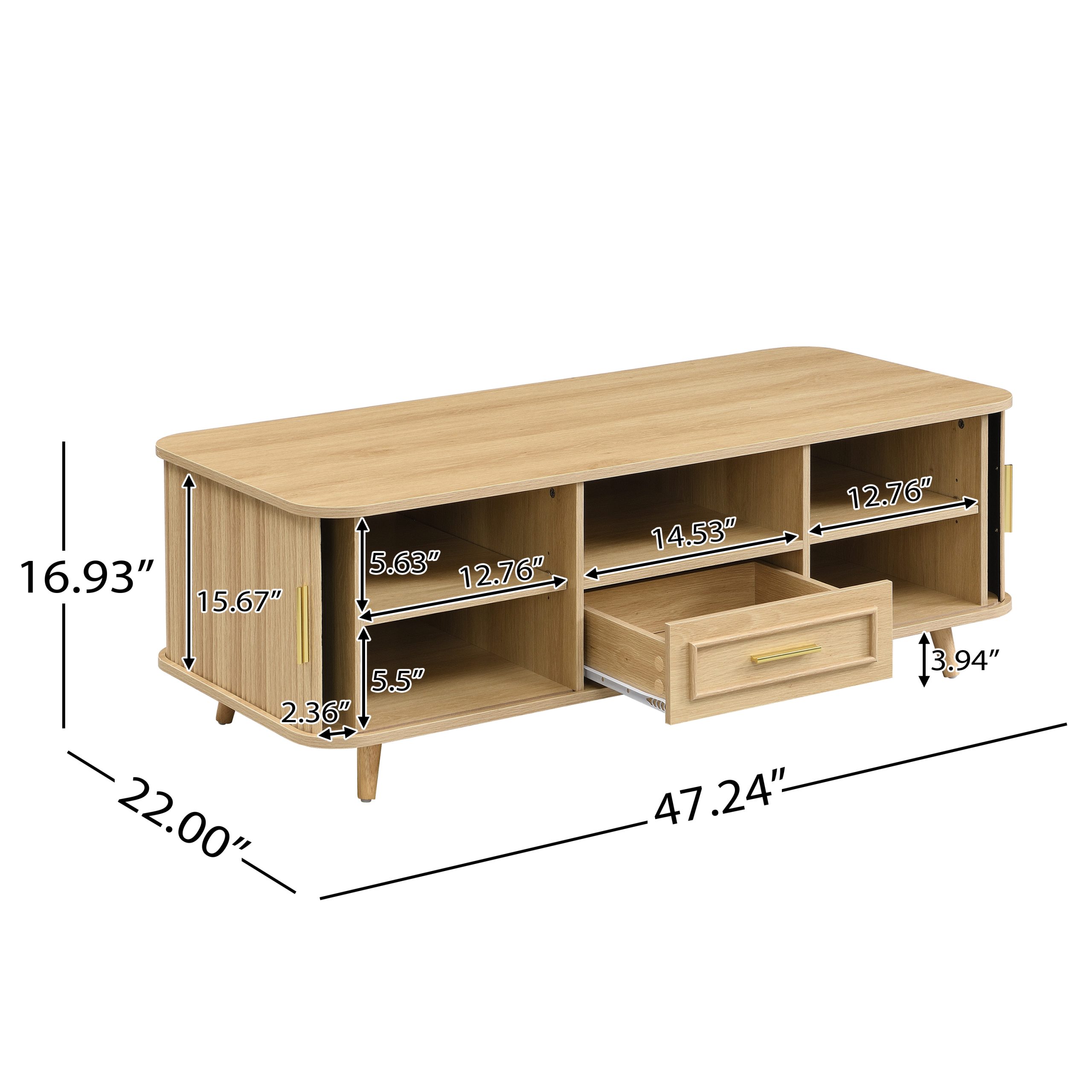Mid-Century Modern Coffee Table with Storage: Natural Wood Finish, 2 Doors & 1 Drawer, For Living Room, Entertainment Center, Home Theater - Image 2