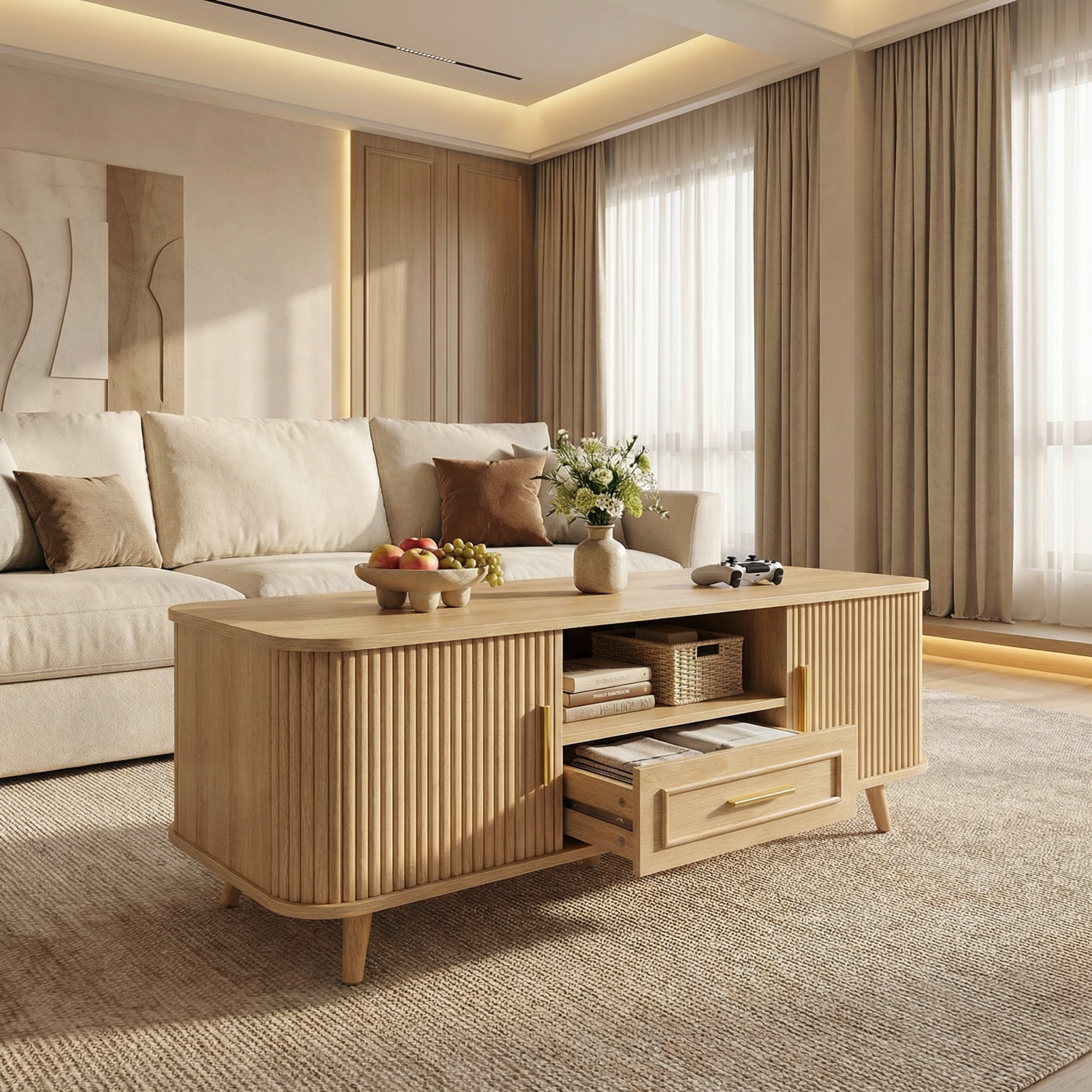 Mid-Century Modern Coffee Table with Storage: Natural Wood Finish, 2 Doors & 1 Drawer, For Living Room, Entertainment Center, Home Theater - Image 3