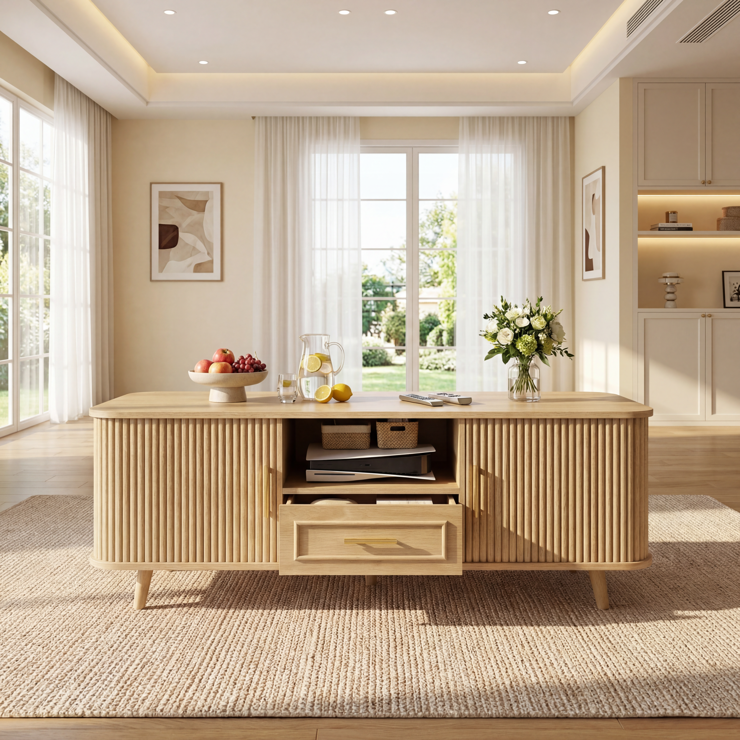 Mid-Century Modern Coffee Table with Storage: Natural Wood Finish, 2 Doors & 1 Drawer, For Living Room, Entertainment Center, Home Theater - Image 4