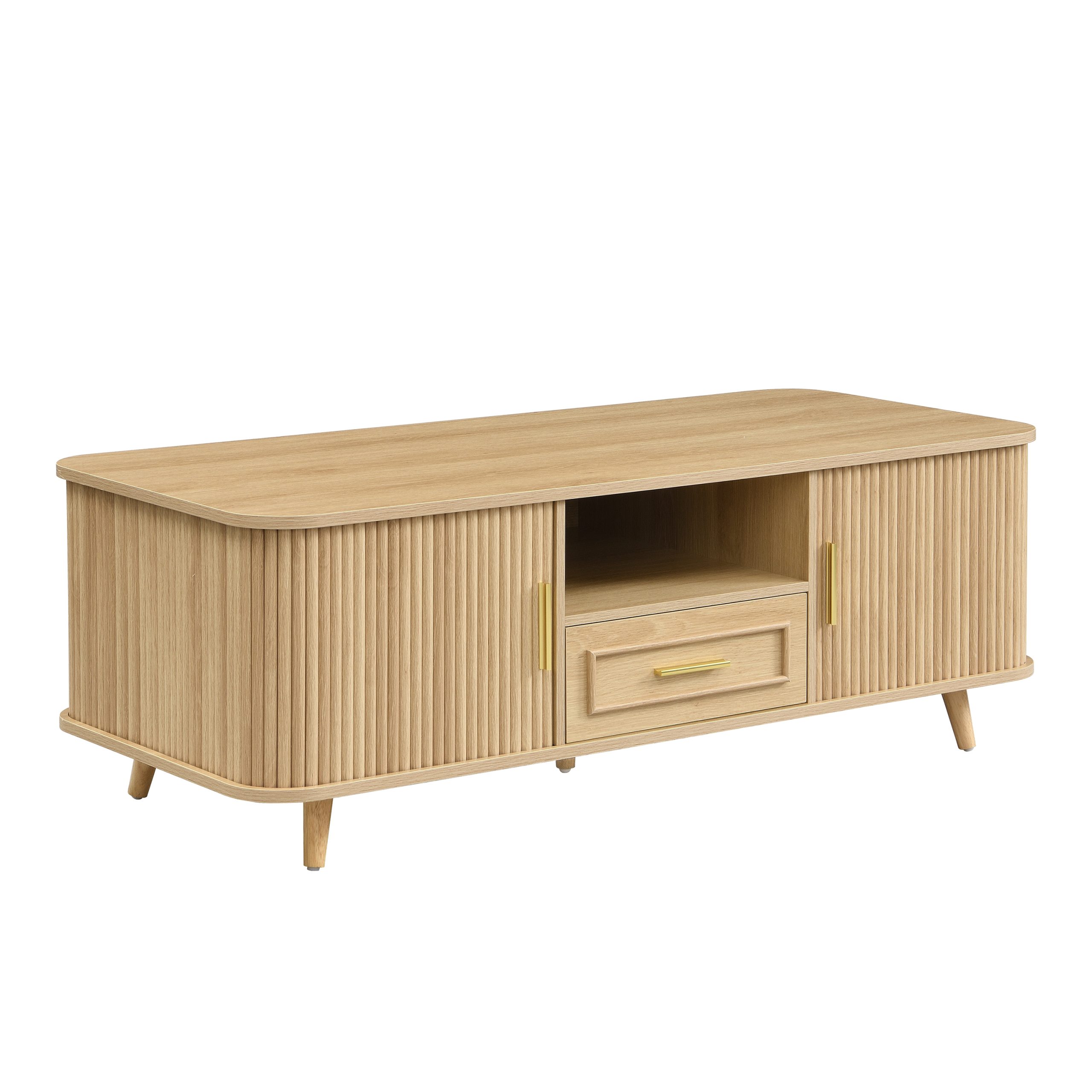 Mid-Century Modern Coffee Table with Storage: Natural Wood Finish, 2 Doors & 1 Drawer, For Living Room, Entertainment Center, Home Theater - Image 5