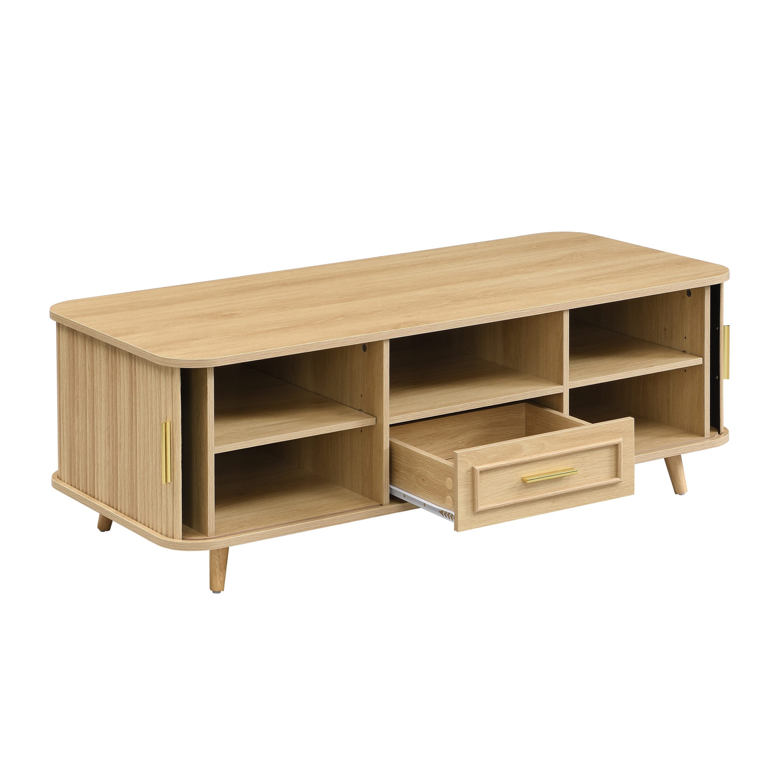Mid-Century Modern Coffee Table with Storage: Natural Wood Finish, 2 Doors & 1 Drawer, For Living Room, Entertainment Center, Home Theater - Image 6