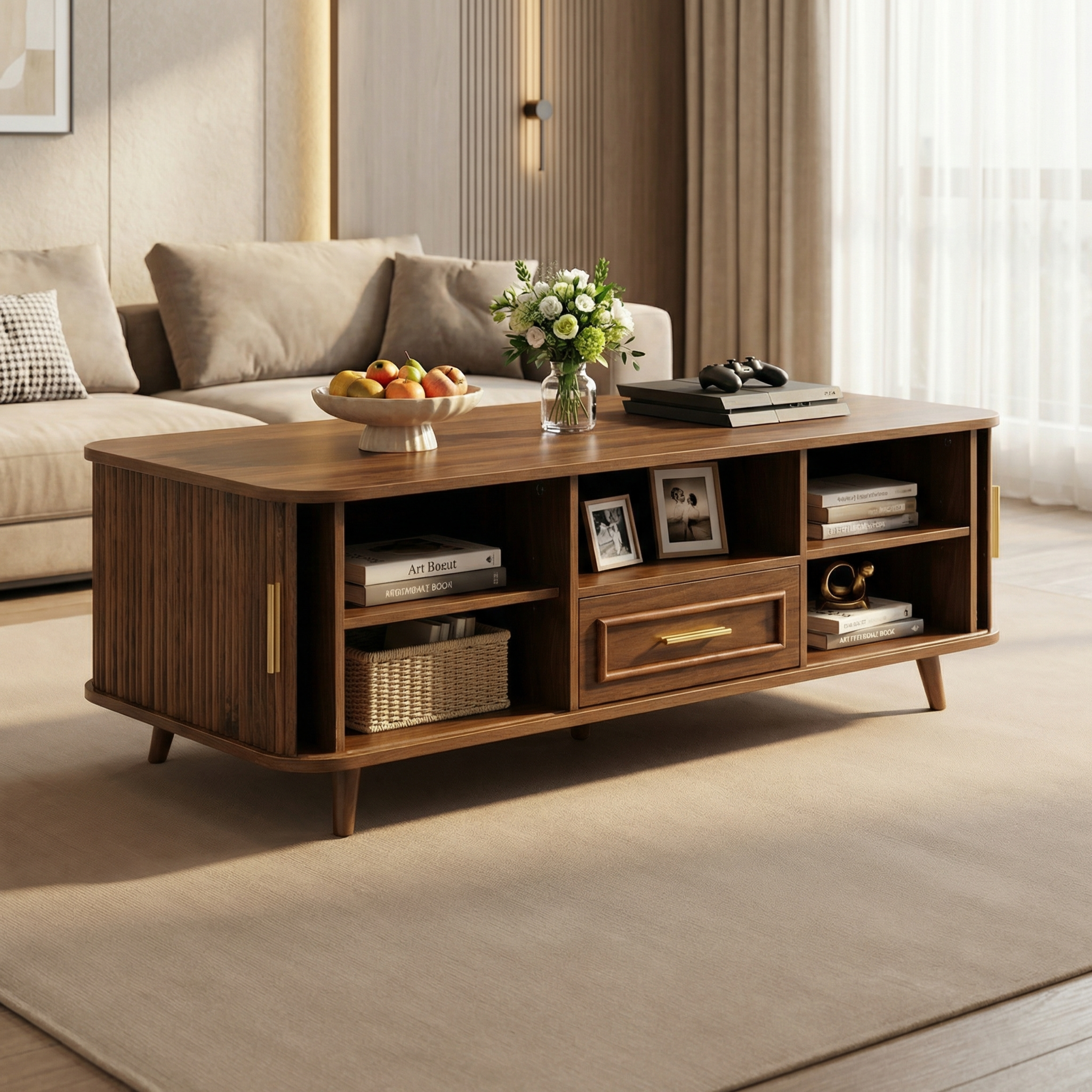 Mid-Century Modern Coffee Table with Storage: Walnut Wood Finish, 2 Doors & 1 Drawer, For Living Room, Entertainment Center, Home Theater