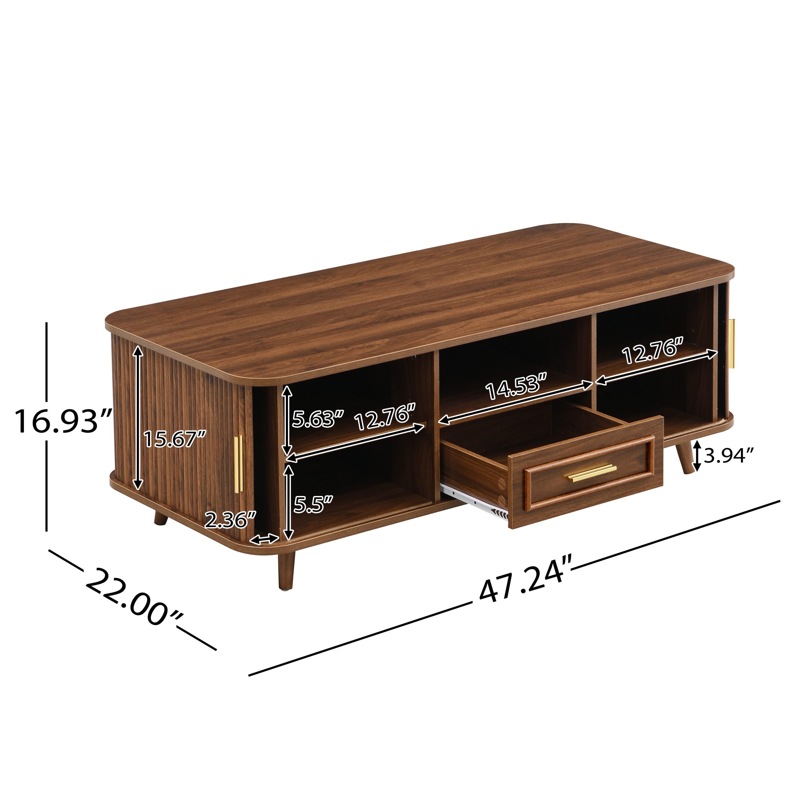 Mid-Century Modern Coffee Table with Storage: Walnut Wood Finish, 2 Doors & 1 Drawer, For Living Room, Entertainment Center, Home Theater - Image 2