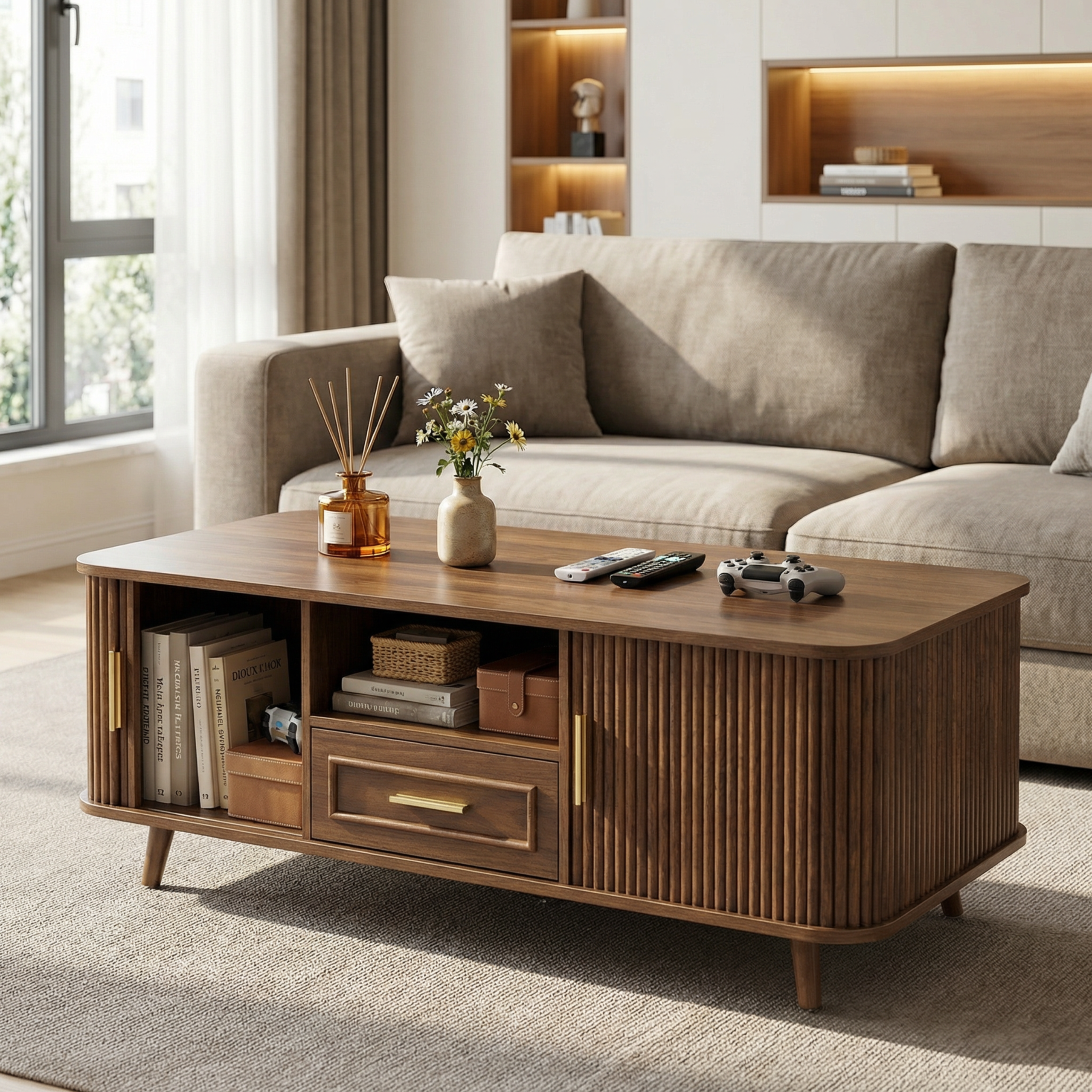 Mid-Century Modern Coffee Table with Storage: Walnut Wood Finish, 2 Doors & 1 Drawer, For Living Room, Entertainment Center, Home Theater - Image 3