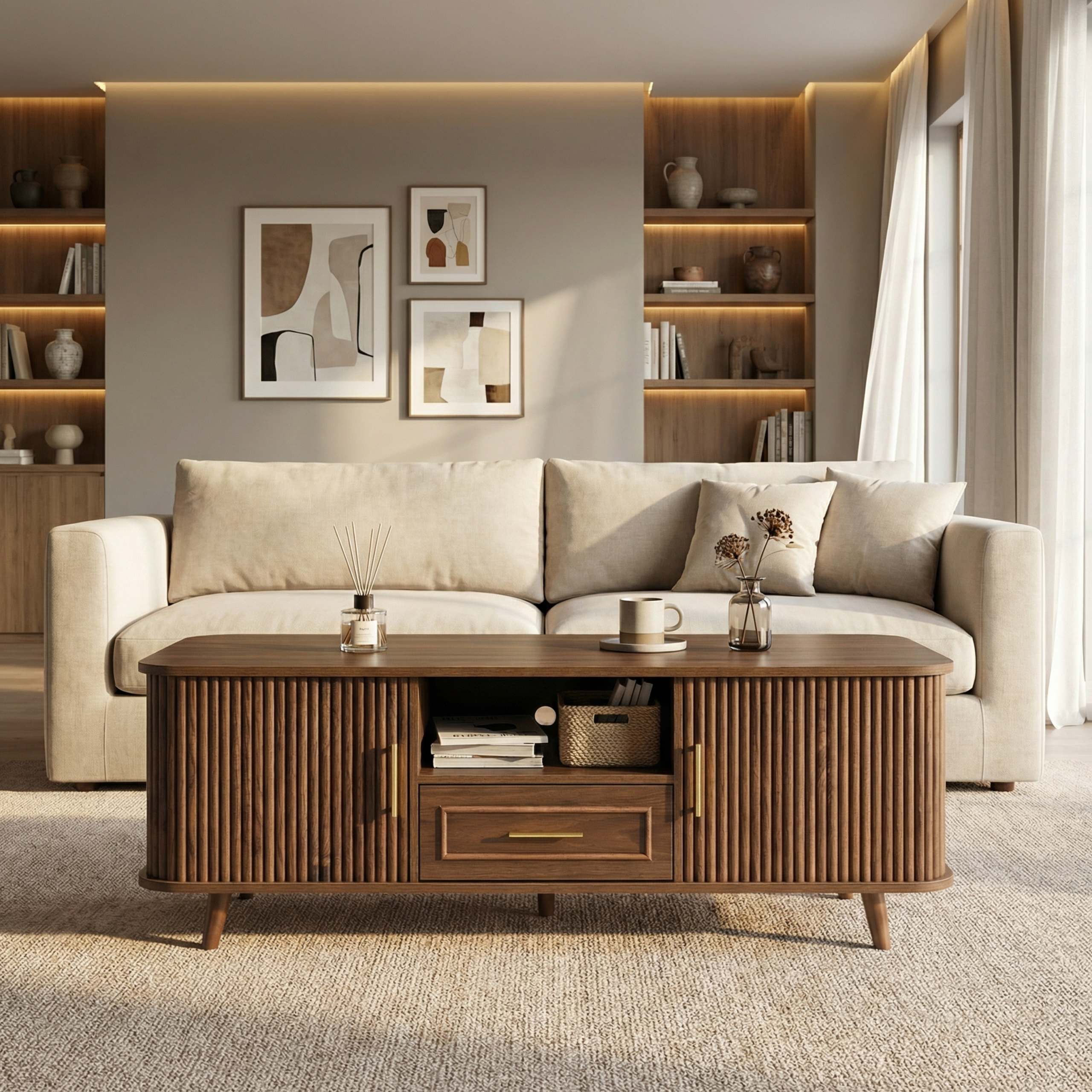 Mid-Century Modern Coffee Table with Storage: Walnut Wood Finish, 2 Doors & 1 Drawer, For Living Room, Entertainment Center, Home Theater - Image 4