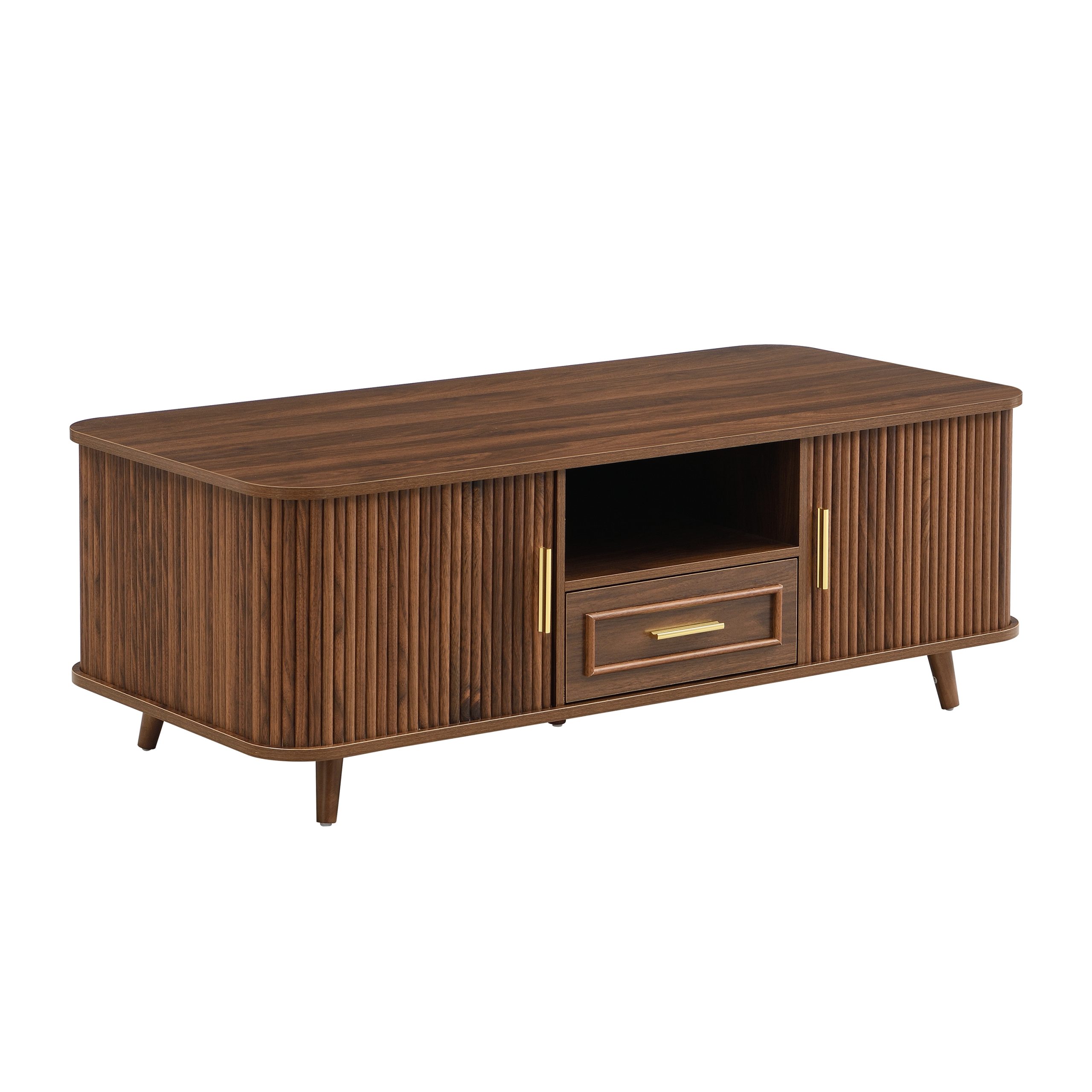 Mid-Century Modern Coffee Table with Storage: Walnut Wood Finish, 2 Doors & 1 Drawer, For Living Room, Entertainment Center, Home Theater - Image 5