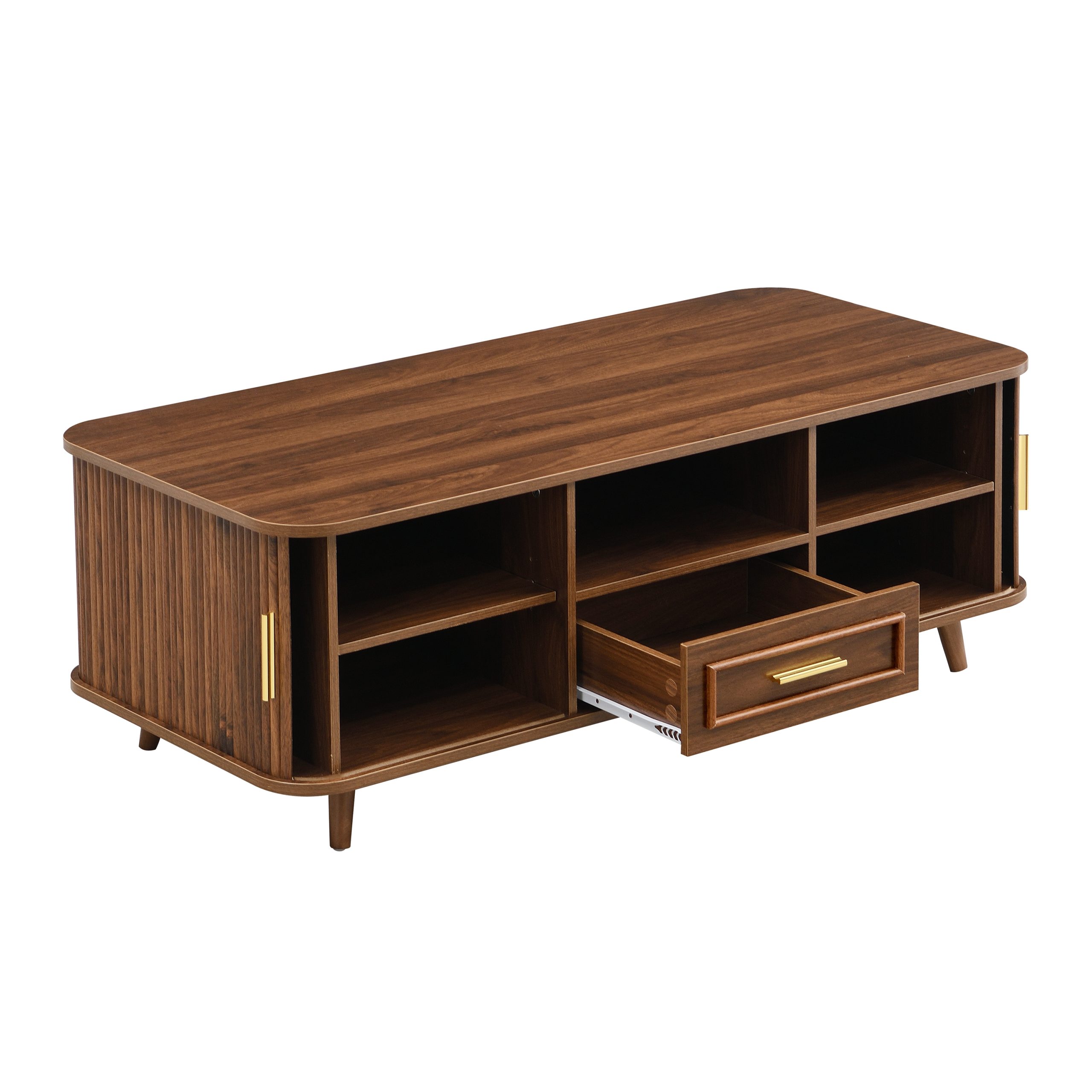 Mid-Century Modern Coffee Table with Storage: Walnut Wood Finish, 2 Doors & 1 Drawer, For Living Room, Entertainment Center, Home Theater - Image 6