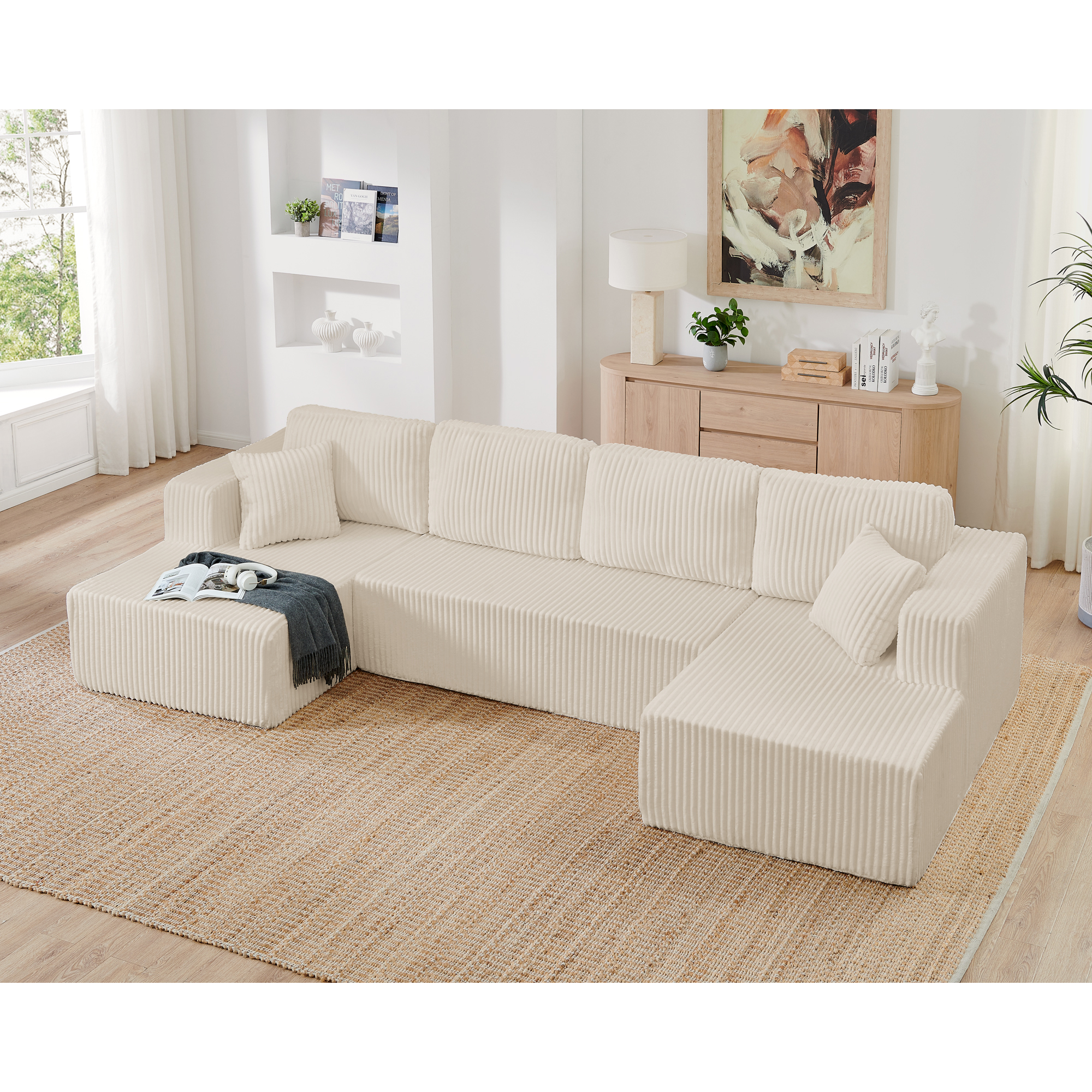 U shape Modular Sectional Sofa, Compressed Sectional Sofa Modern Minimalist Style Corduroy Couch, Sleeper Sofa for Living Room, Bedroom, Comfy Compressed Sofa Couch Space-Efficient Design-beige - Image 2