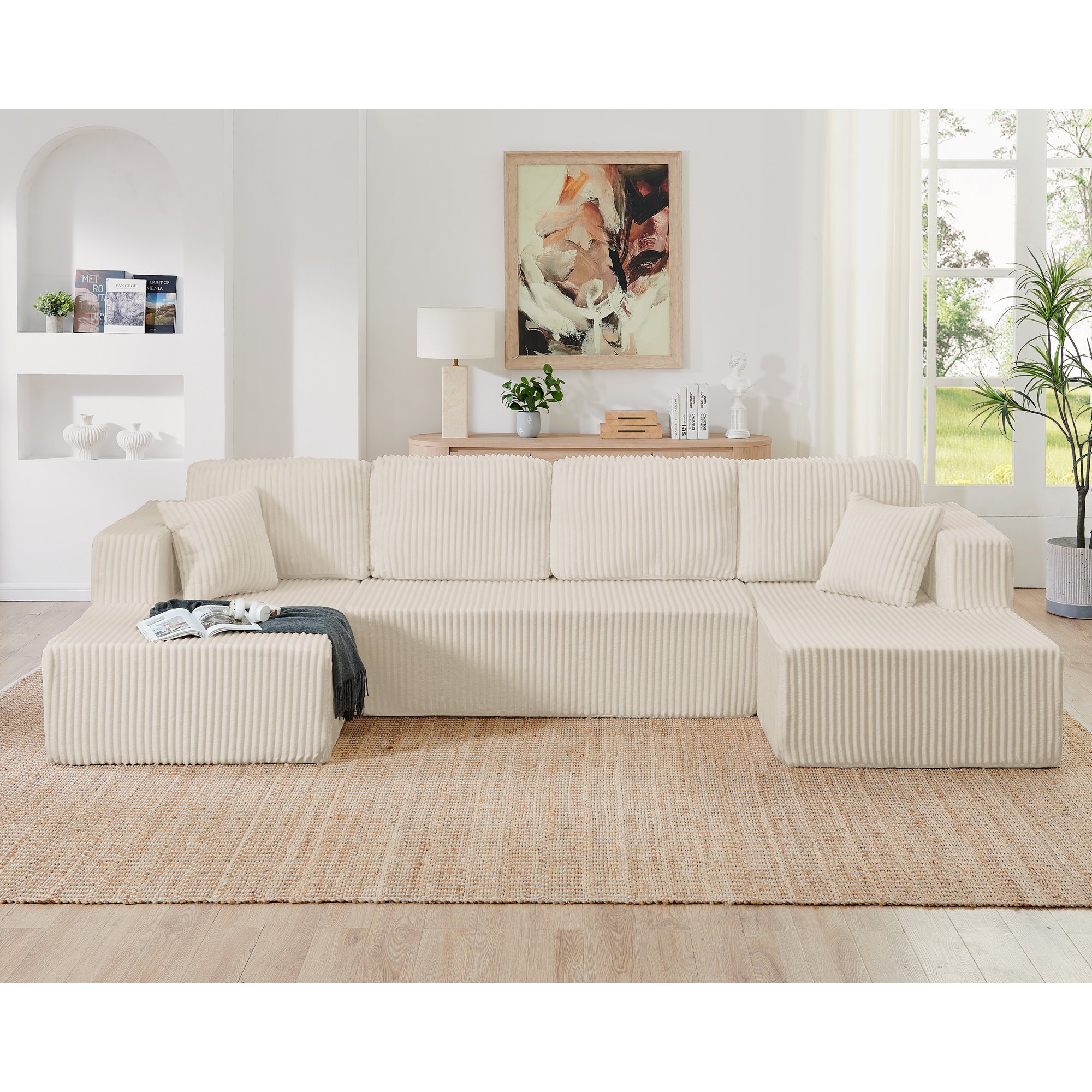 U shape Modular Sectional Sofa, Compressed Sectional Sofa Modern Minimalist Style Corduroy Couch, Sleeper Sofa for Living Room, Bedroom, Comfy Compressed Sofa Couch Space-Efficient Design-beige - Image 3