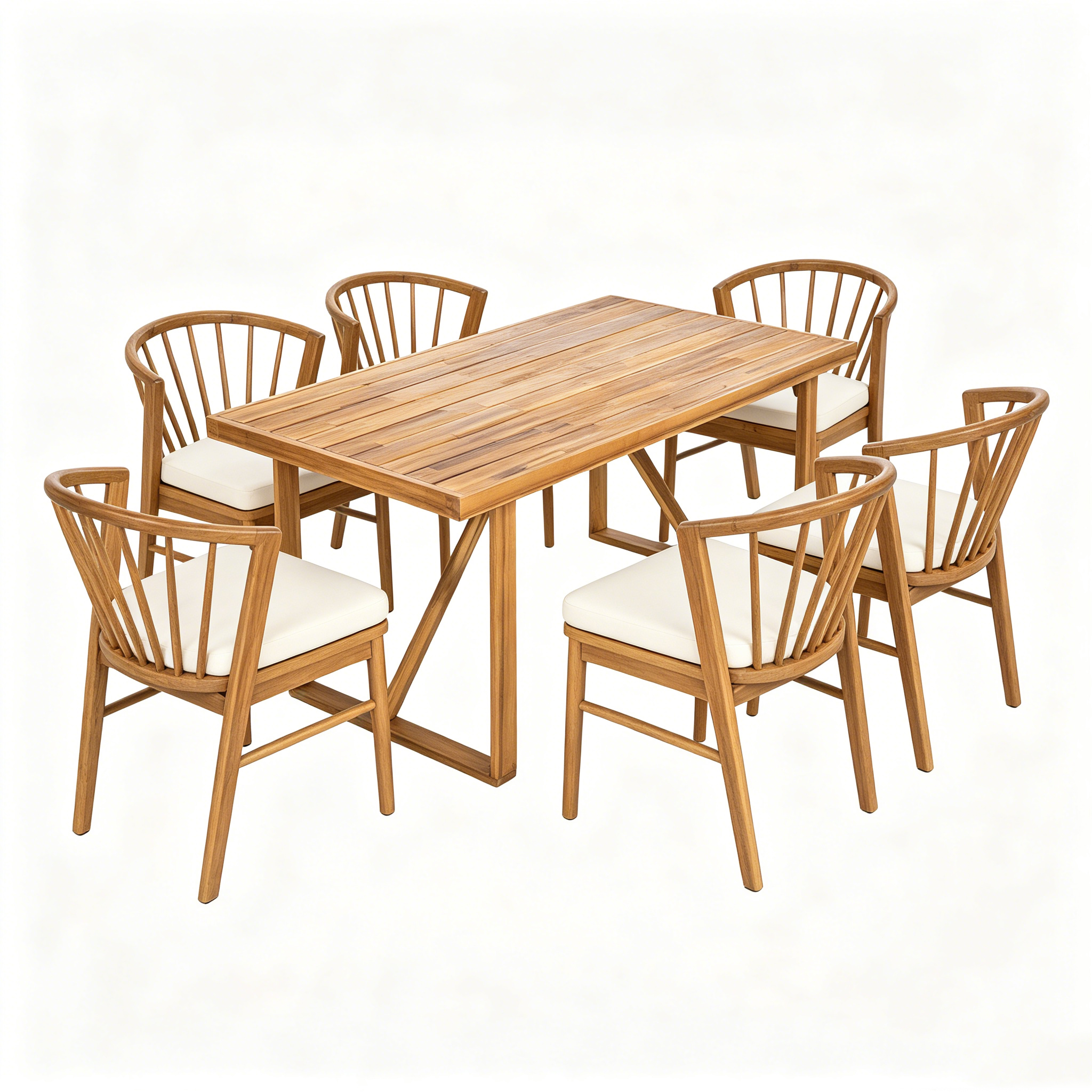 7 Pieces Acacia Wood Outdoor Dining Set with Cream Cushions,Modern 6 Chairs 1 Large Table,Dining Furniture Set for Lawn, Backyard, Garden Deck,Poolside,Teak - Image 2