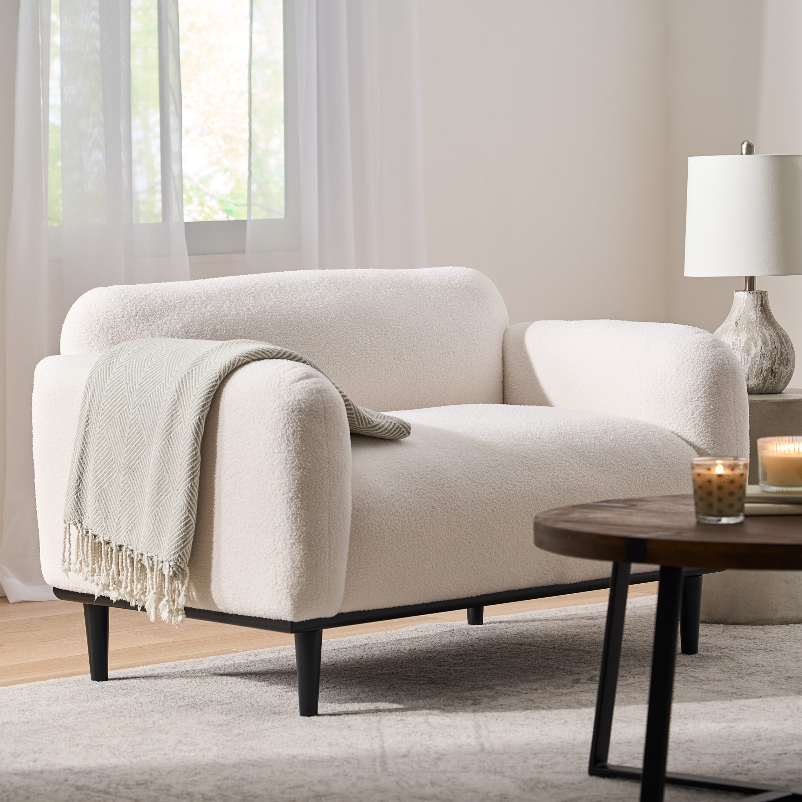 Bouclé Fabric Loveseat Sofa - 50 Inch White Upholstered 2-Seater with Black Legs, Comfortable & Stylish for Living Room, Office, or Reading Nook,White - Image 3