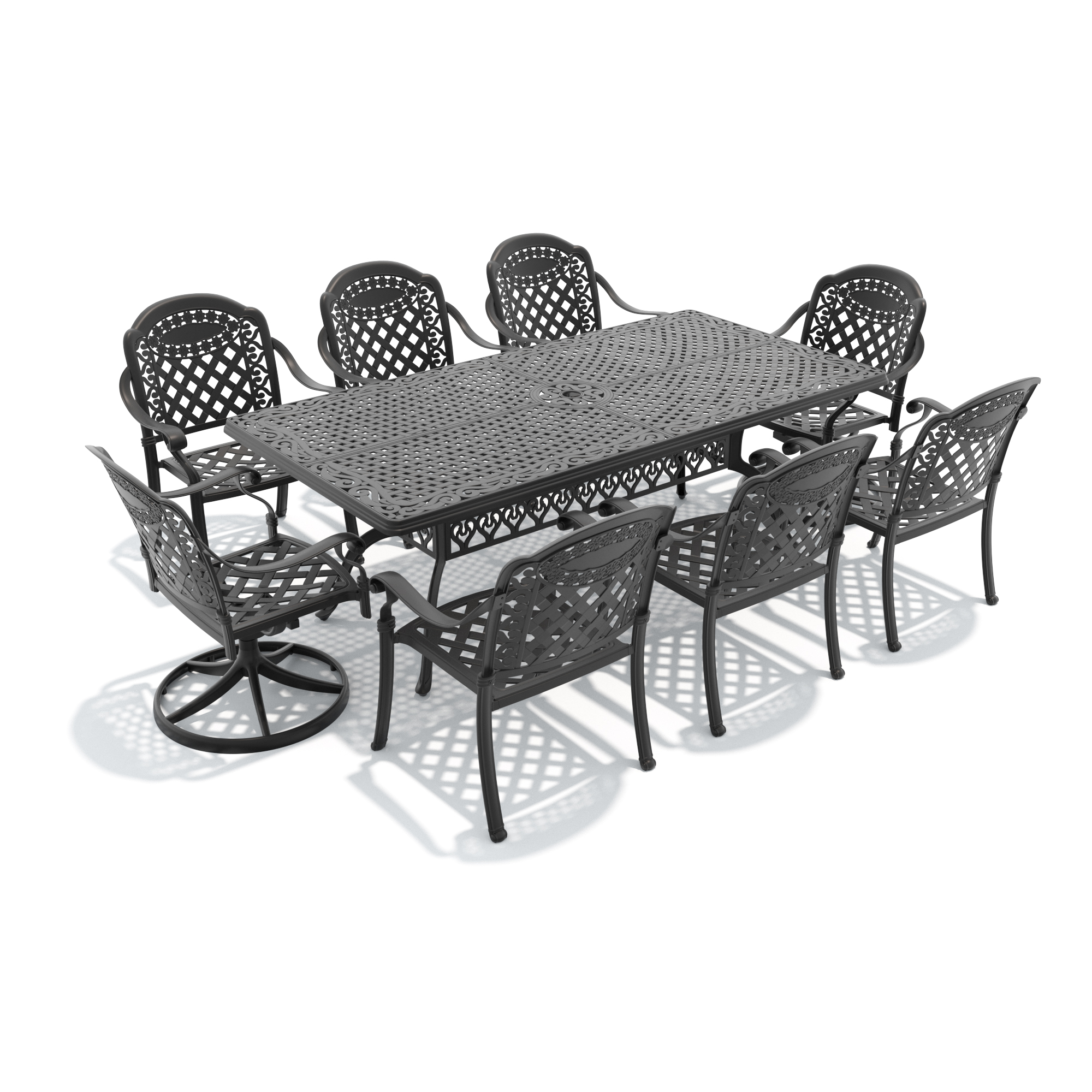 9-Piece All-Weather Cast Aluminum Dining Set, Include 2 Swivel Chairs,6 Dining Chairs and Rectangular Table With Black Frame - Image 2
