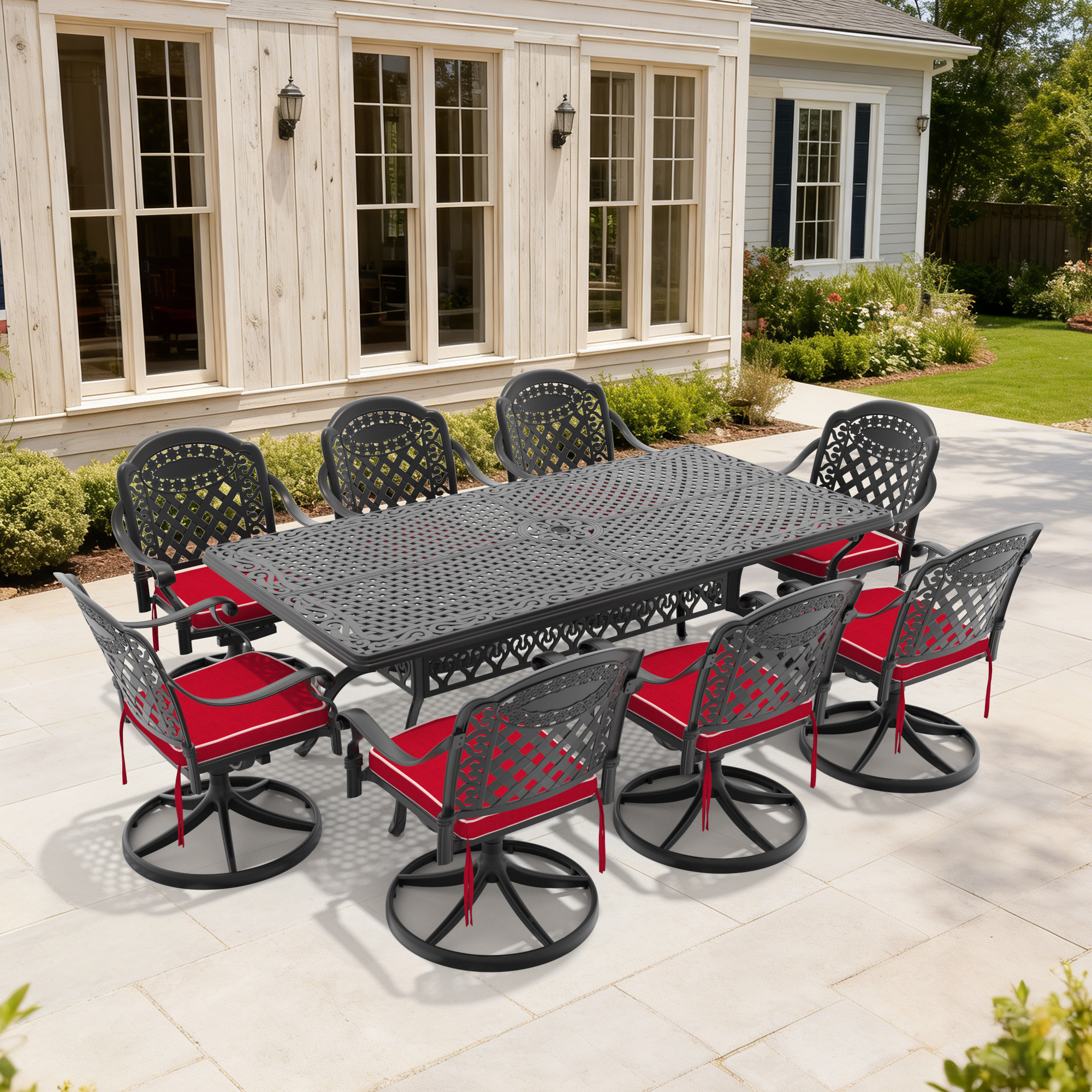 9-Piece All-Weather Cast Aluminum Dining Set, Include 8 Swivel Chairs and Rectangular Table With Black Frame - Image 1